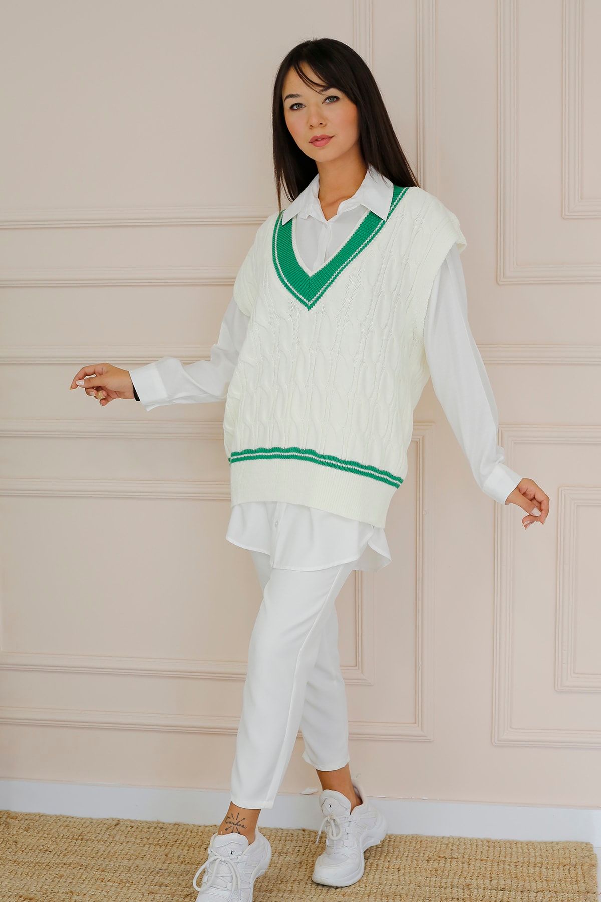 İmajButik Çizgi Detaylı Triko Süveter/ekru