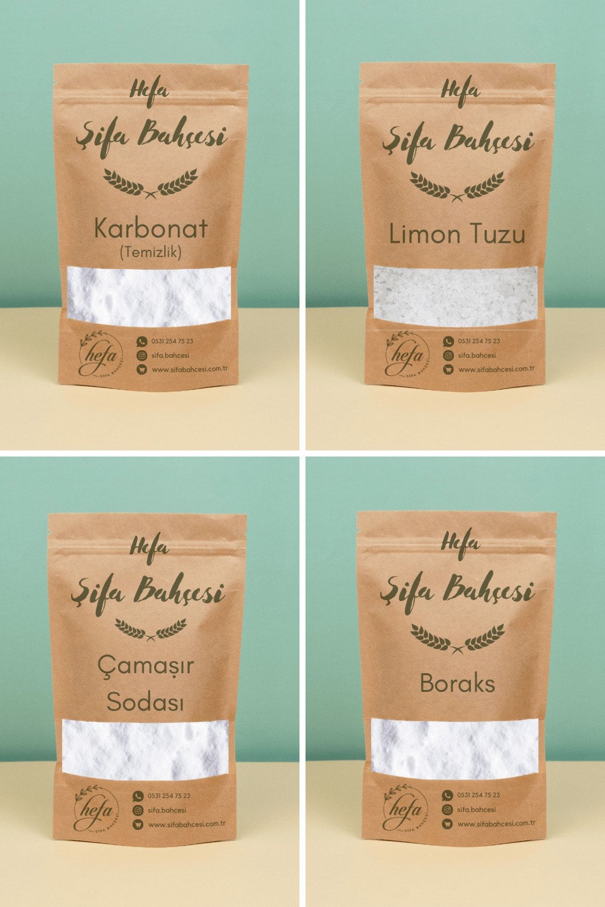 HEFA 4'lü Doğal Deterjan Seti : Boraks 1 Kg Karbonat 1 Kg Çamaşır Sodası 750 gr Limon Tuzu 250gr