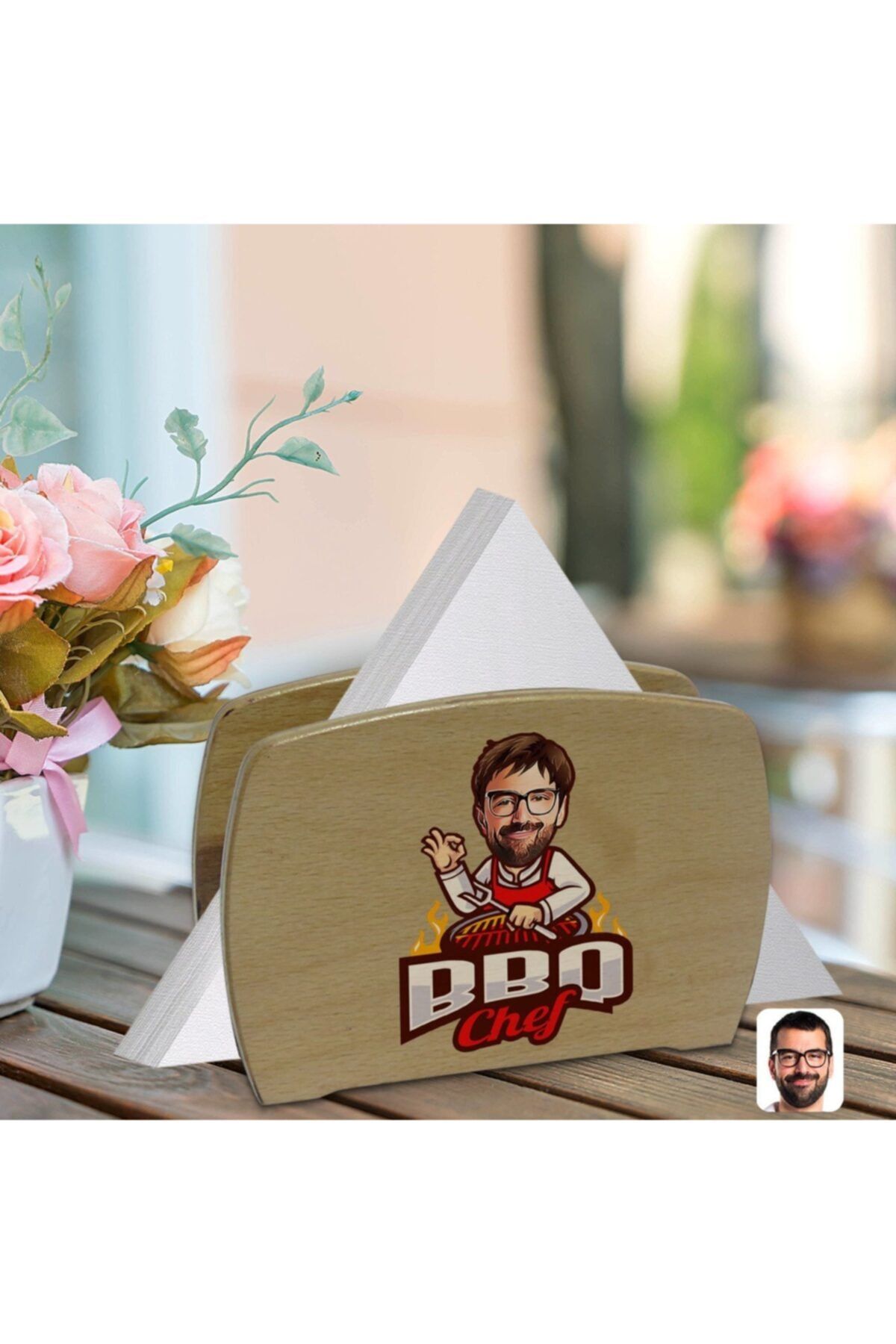 BK Kişiye Özel Erkek Barbekü Chef Karikatürlü Lüks Ahşap Peçetelik-1