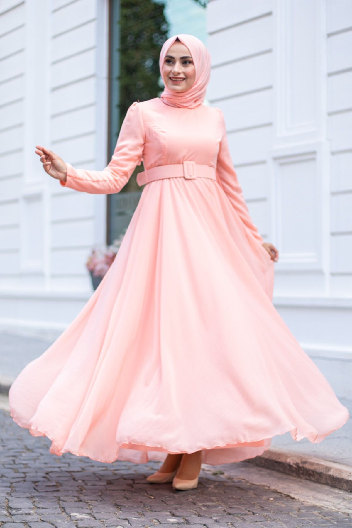 Feiza Collection Kemerli Şifon Abiye Elbise Somon
