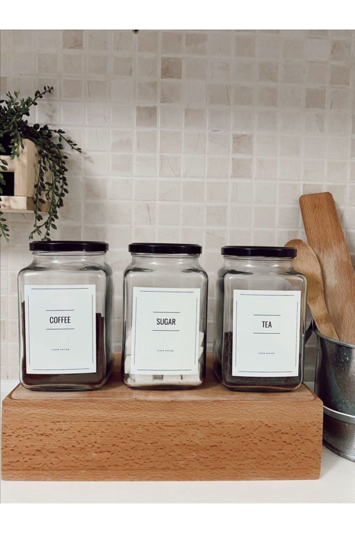 SİDERDESİNG Siderdesign 3'lü Dekoratif Cam Coffee - Sugar - Tea Saklama Kavanozu Siyah Kapak 1 Lt
