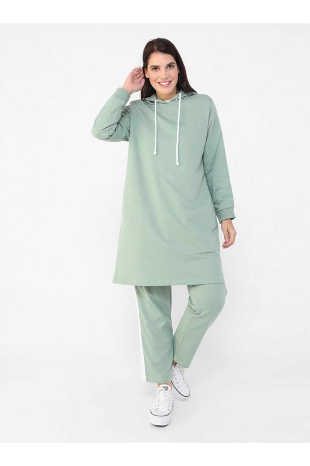 ALİA Büyük Beden Doğal Kumaşlı Spor Tunik&pantolon Ikili Takım - Su Yeşili -