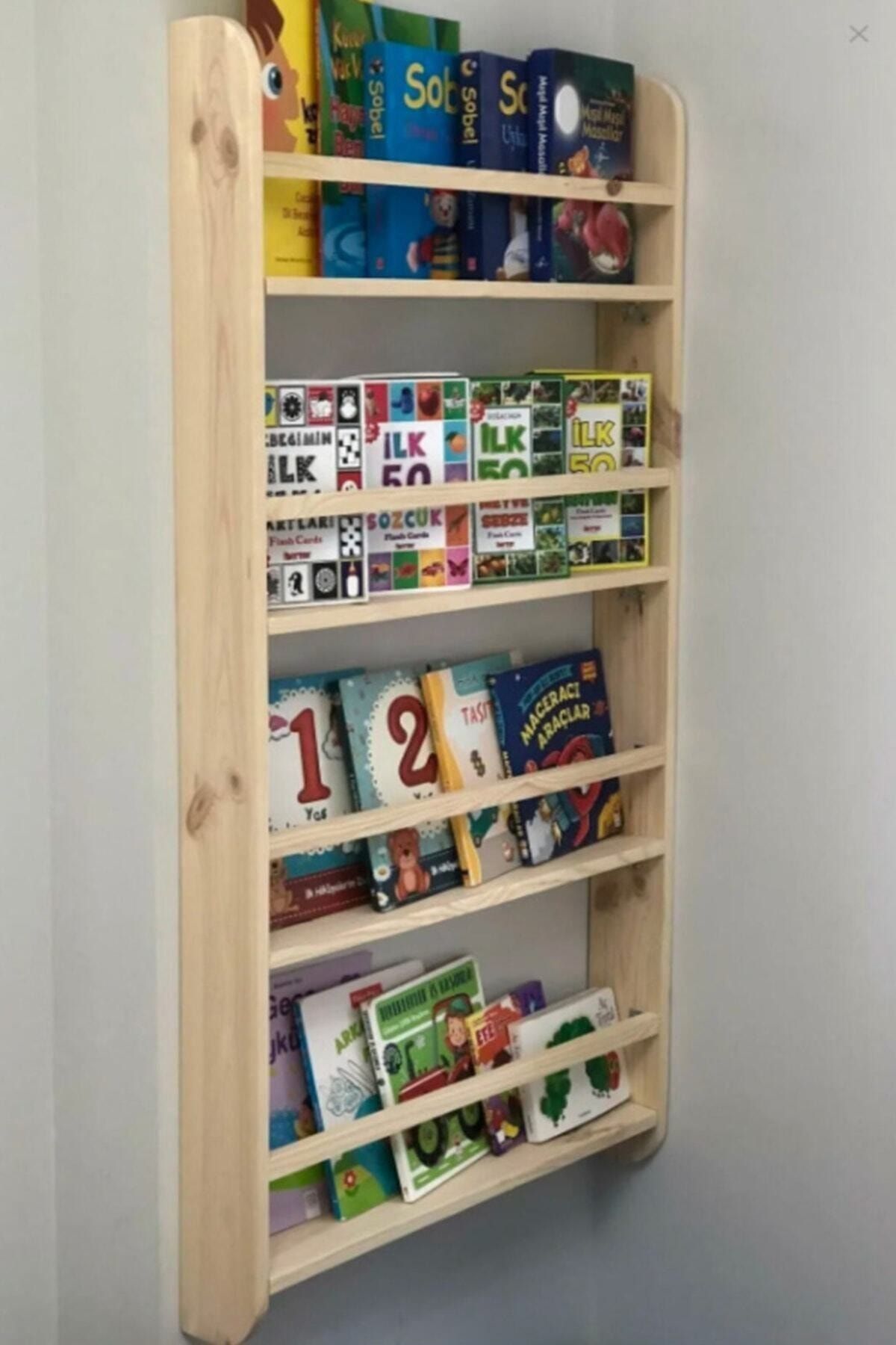 Miço Kids Montessori Çocuk Odası Eğitici Kitaplık Ahşap Duvara Monte 4 Raflı 100*50*9 Ahşap Kitaplık