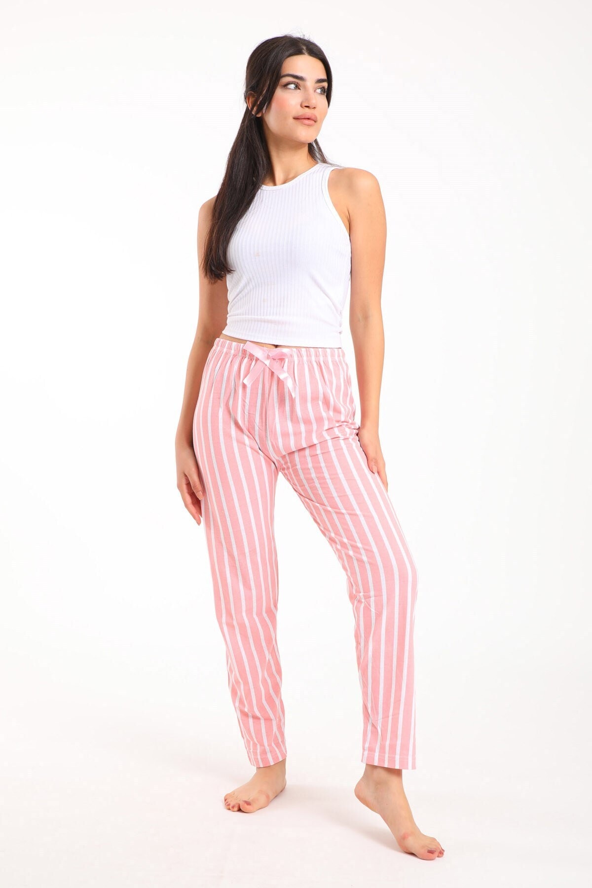 Pemilo Kadın 573-5 Boydan Çizgili Tek Alt Pijama Somon