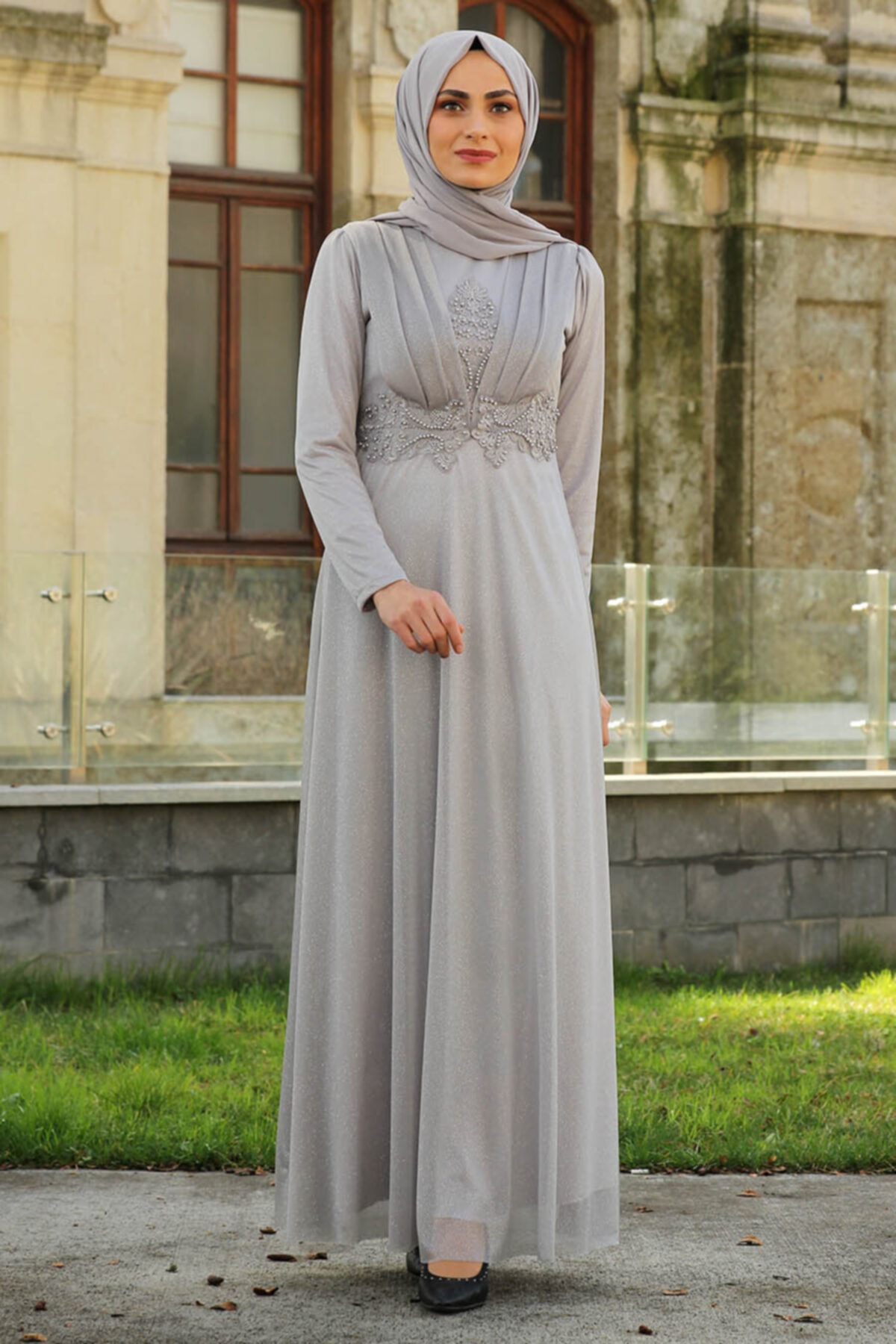 Feiza Collection Nervür Detaylı Simli Tesettür Abiye Elbise - Gri