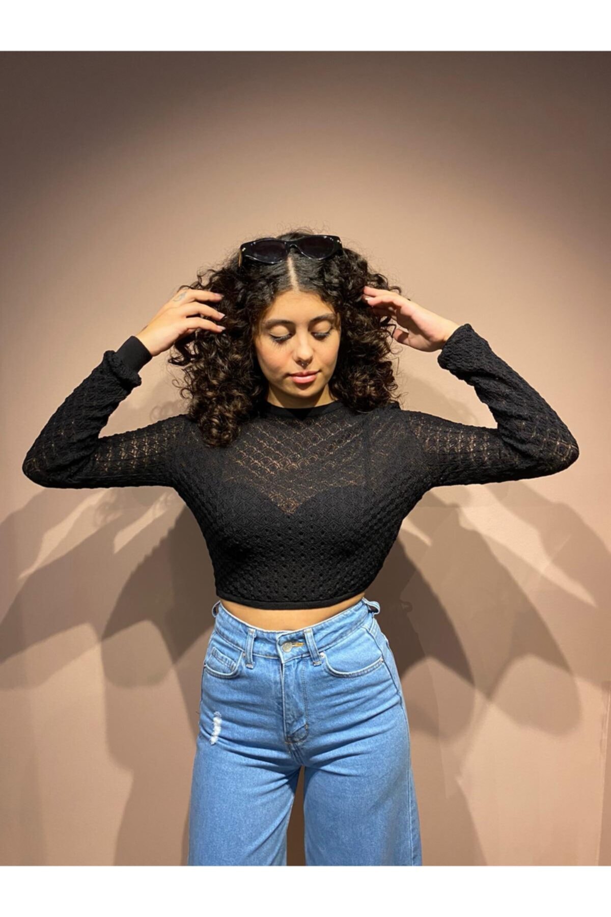 GAGA Kadın Siyah Dantelli Transparan Crop