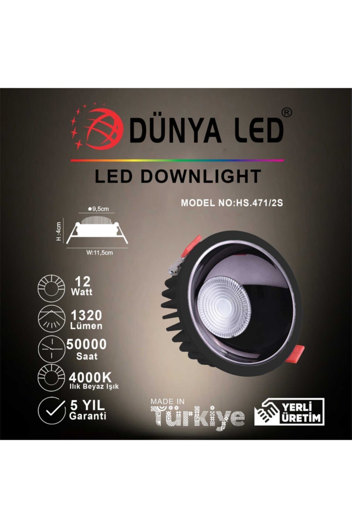 DÜNYA LED Hs.471/2-s 12w Led 4000k Ilık Beyaz Işık Siyah