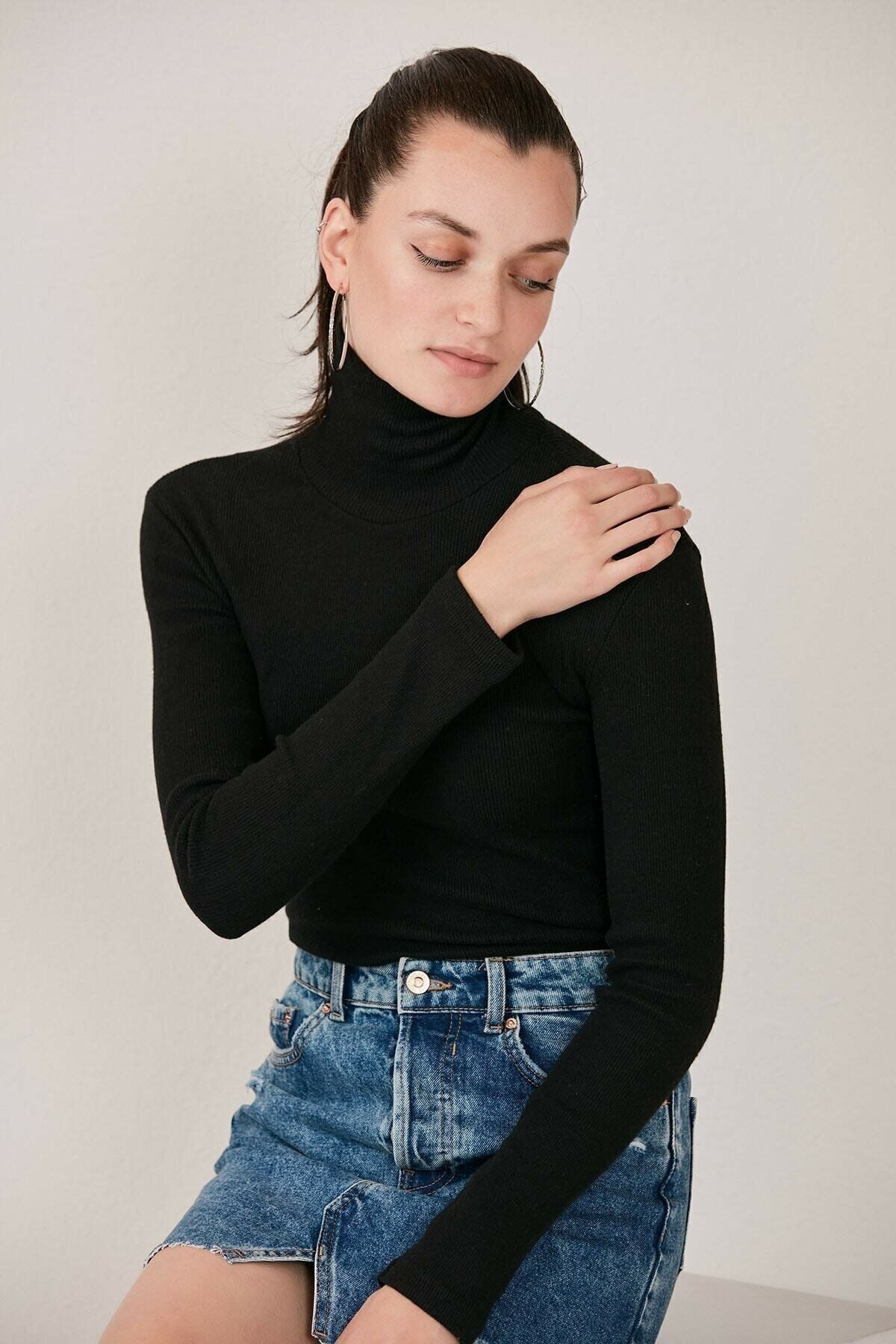 Belifanti Collection Kadın Balıkçı Yaka Boğazlı Slim Fit Kazak Siyah