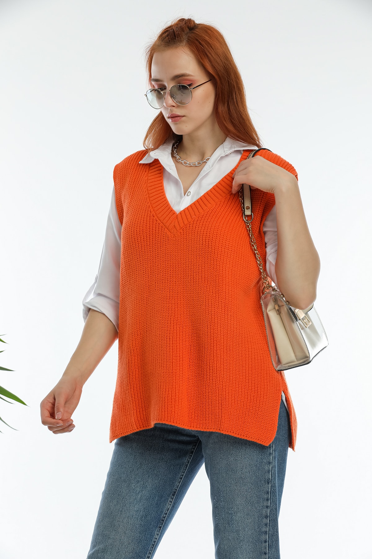 erki triko Kadın Oranj V Yaka Triko Süveter