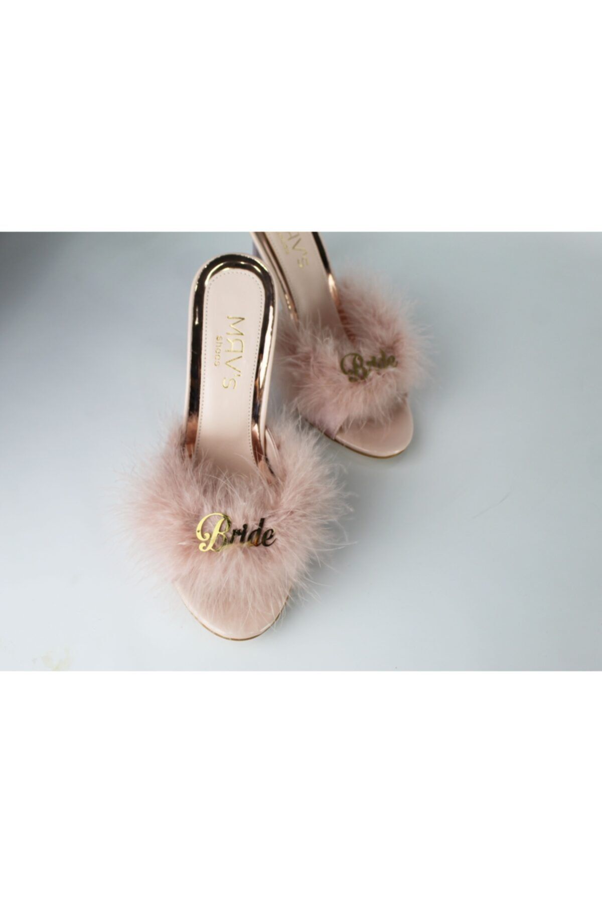 MRVshoes Yazılı Tüylü Topuklu Gelin Çeyiz Nişan Parti Terliği