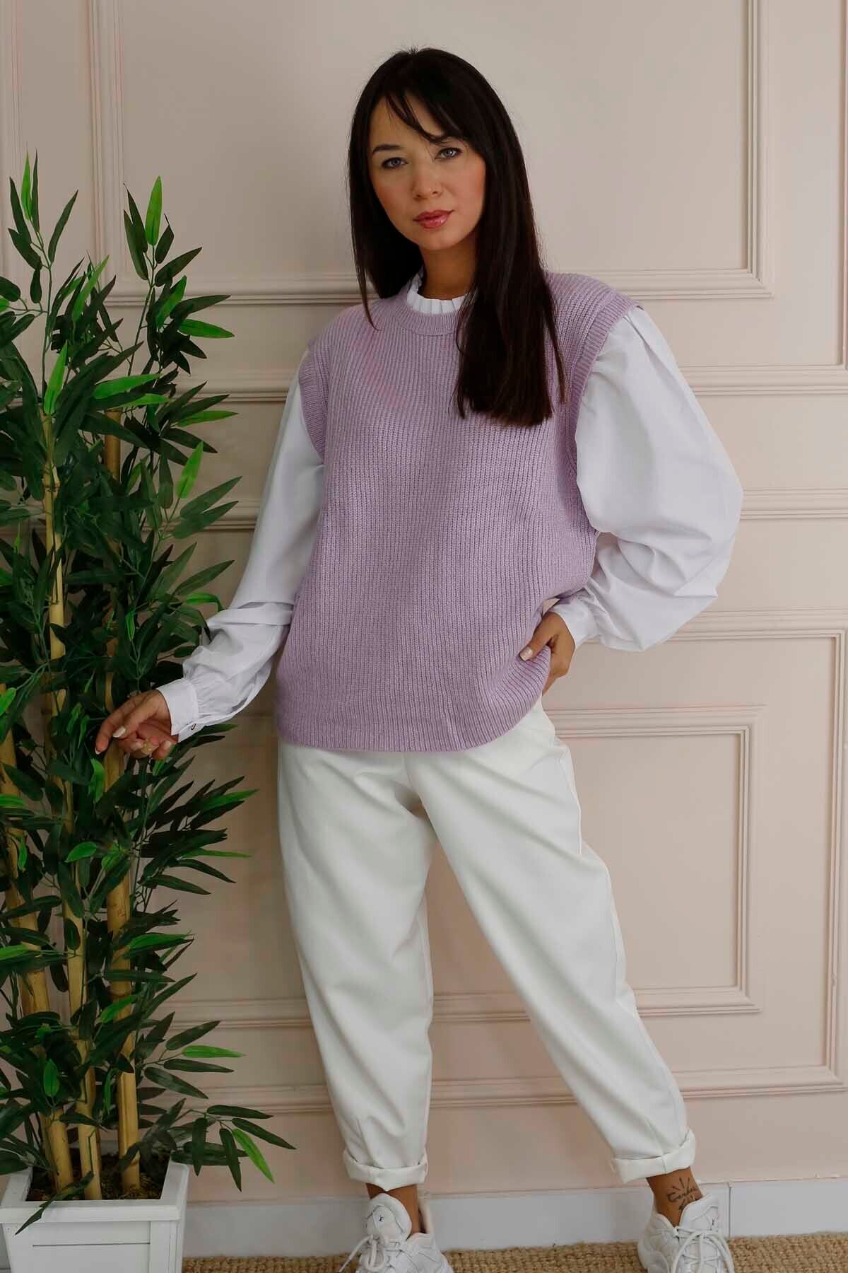 İmajButik Içi Gömlek Detaylı Triko Kazak/lila