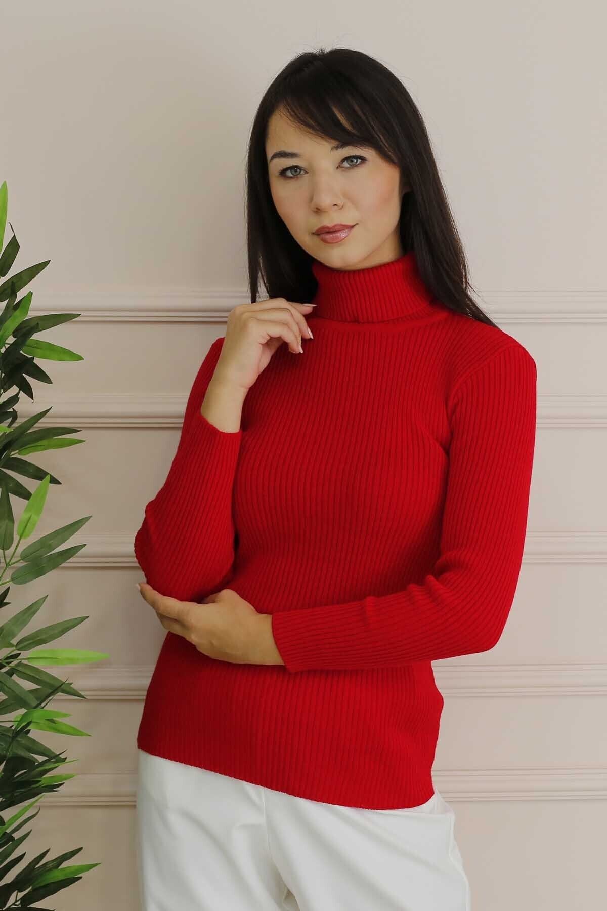 İmajButik Tam Boğazlı Basıc Triko Kazak/kırmızı