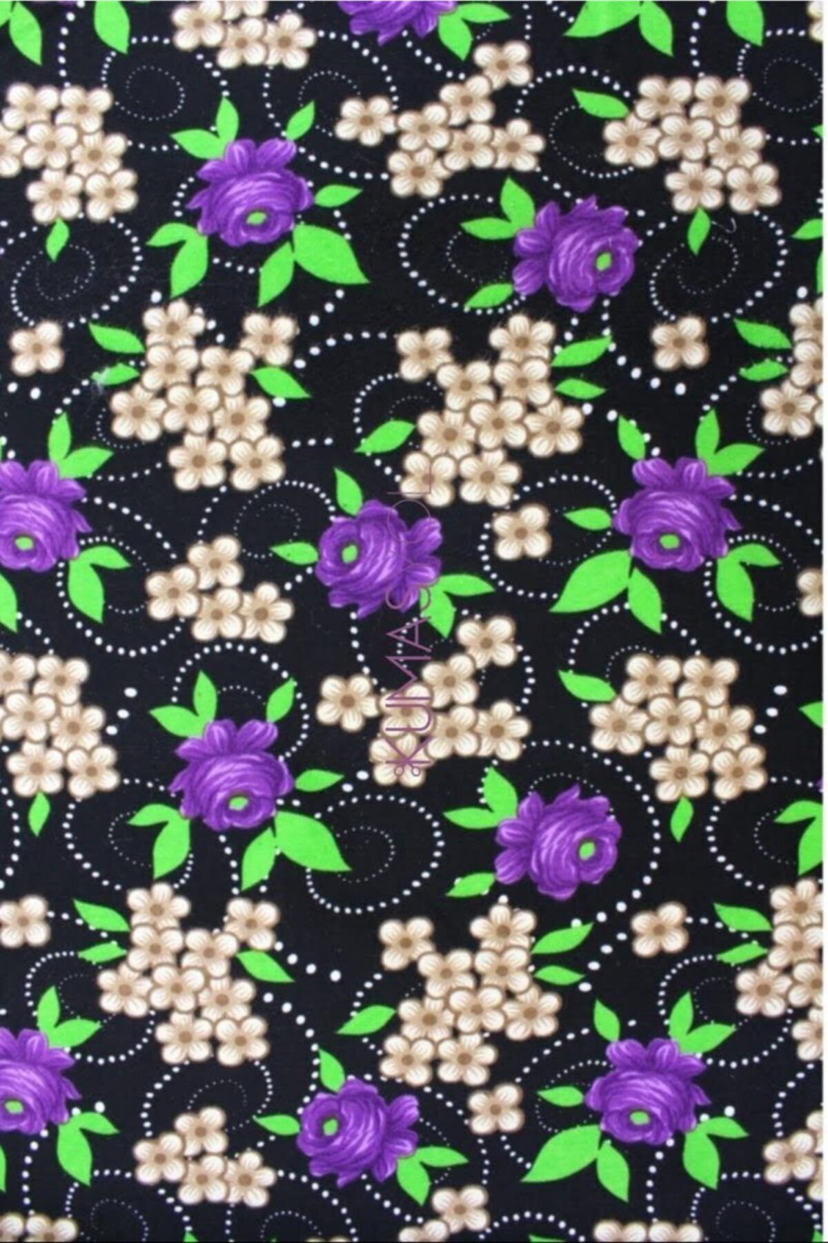 daisy star Siyah Zemin Mor Gül Buket Pazen Kumaş En 90 Cm