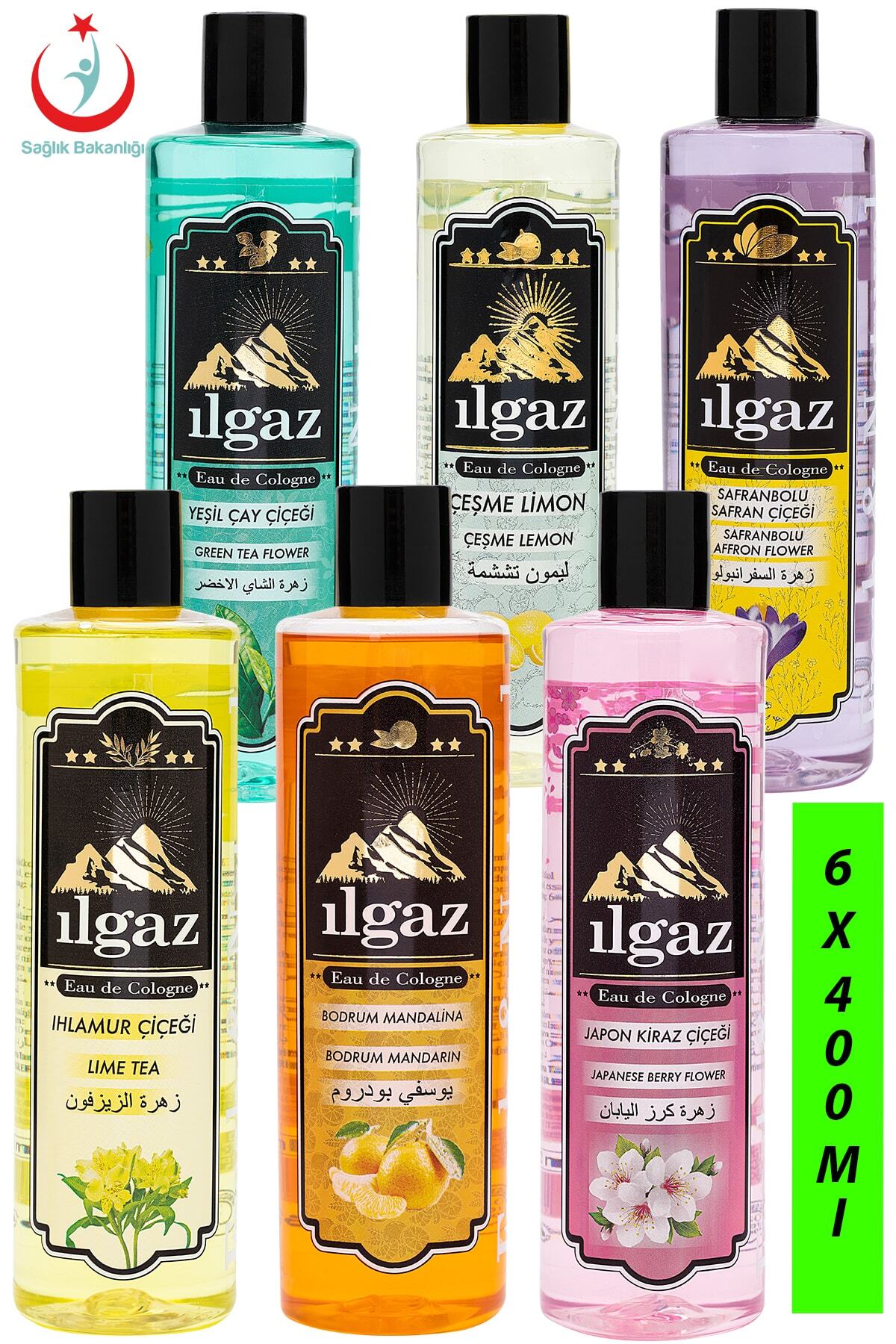 ILGAZ 6x400 ml Ihlamur + Mandalina + Japon Kirazı + Yeşil Çay + Çeşme Limon + Safran Kolonyası 6'lı Set