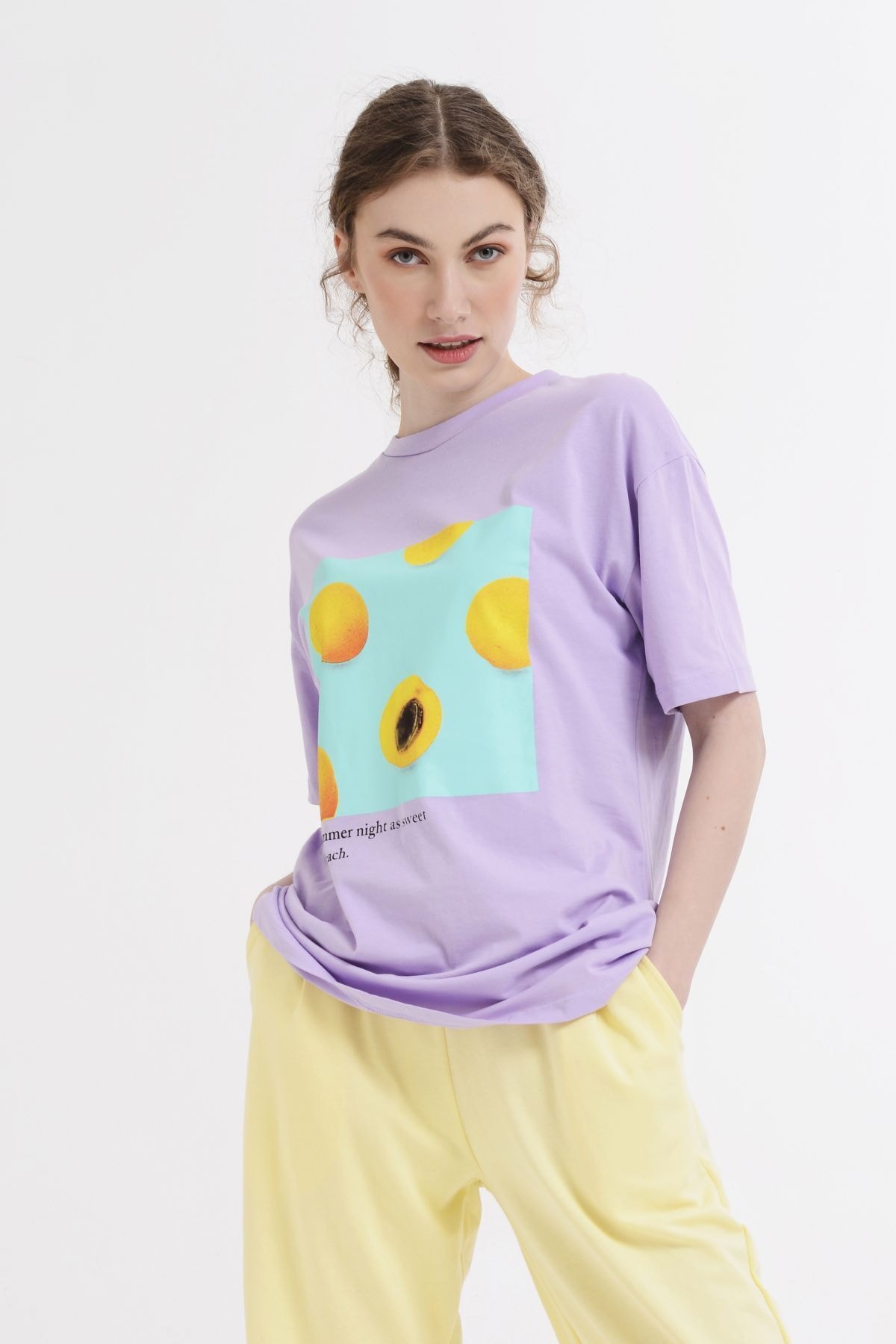 Nefise Önü Baskılı T-Shirt - Lila