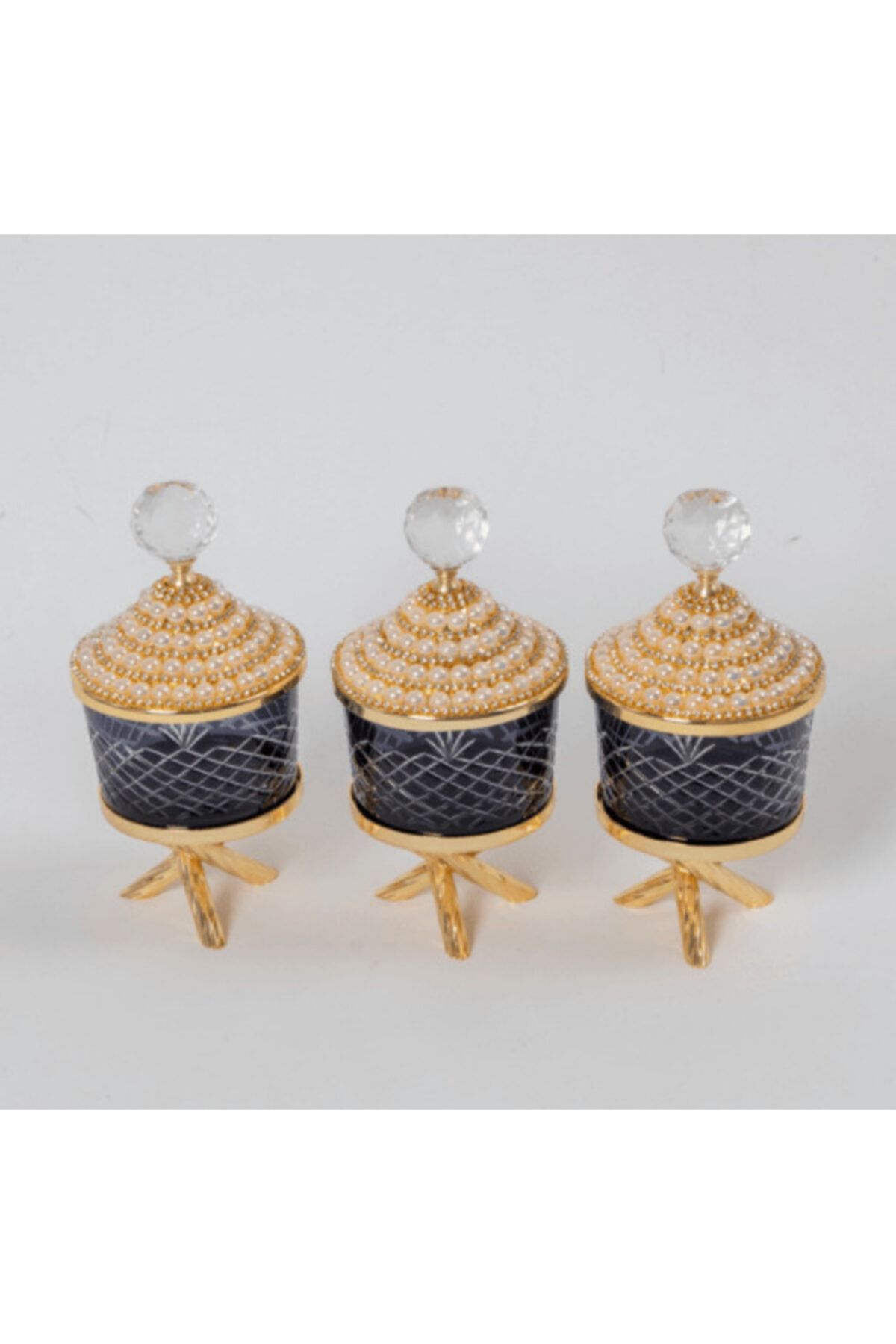 İnova Home Decor Hüma Incili Siyah Üçlü Çerezlik - Baharat Takımı, Çapraz Ayaklı Mini Kavanoz Seti