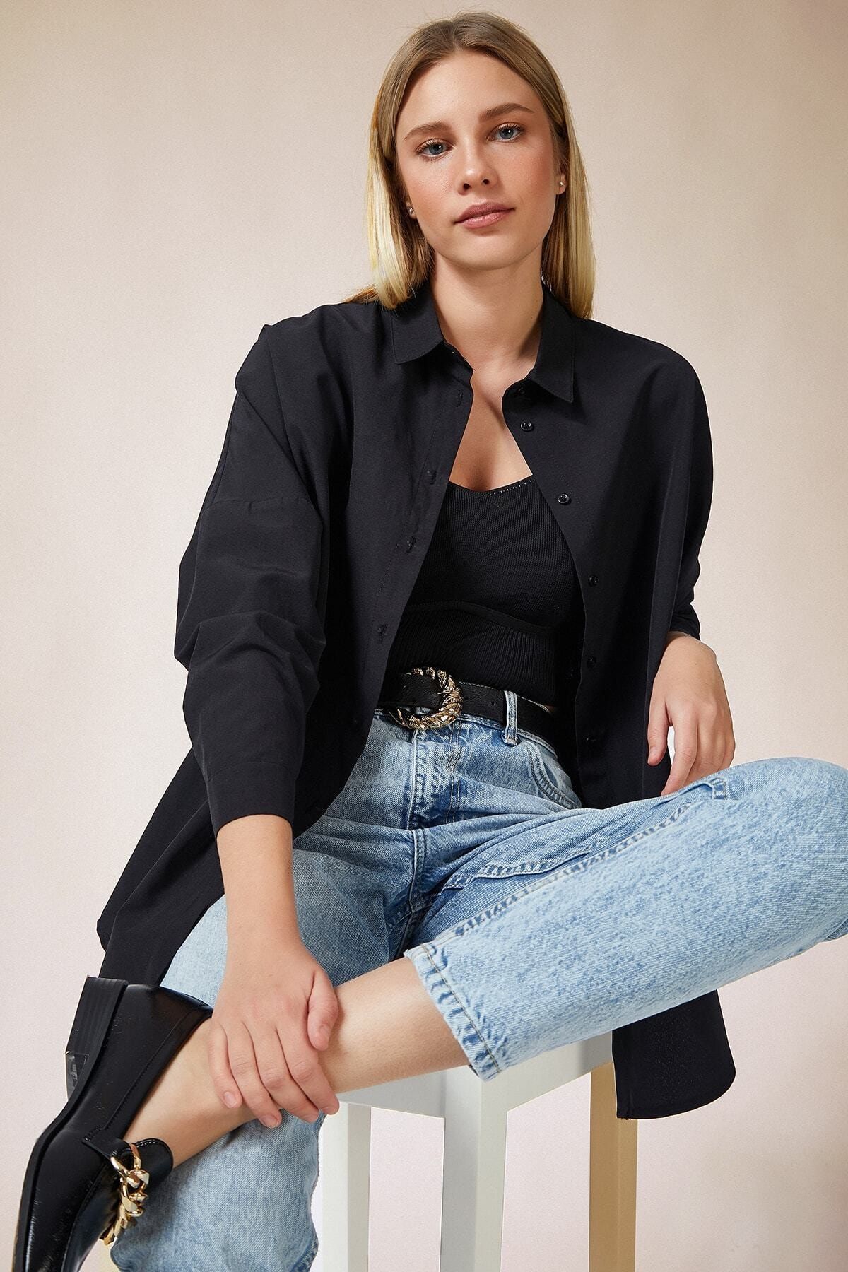 hazelin Kadın Siyah Oversize Uzun Basic Gömlek Hzl22w-bd139001