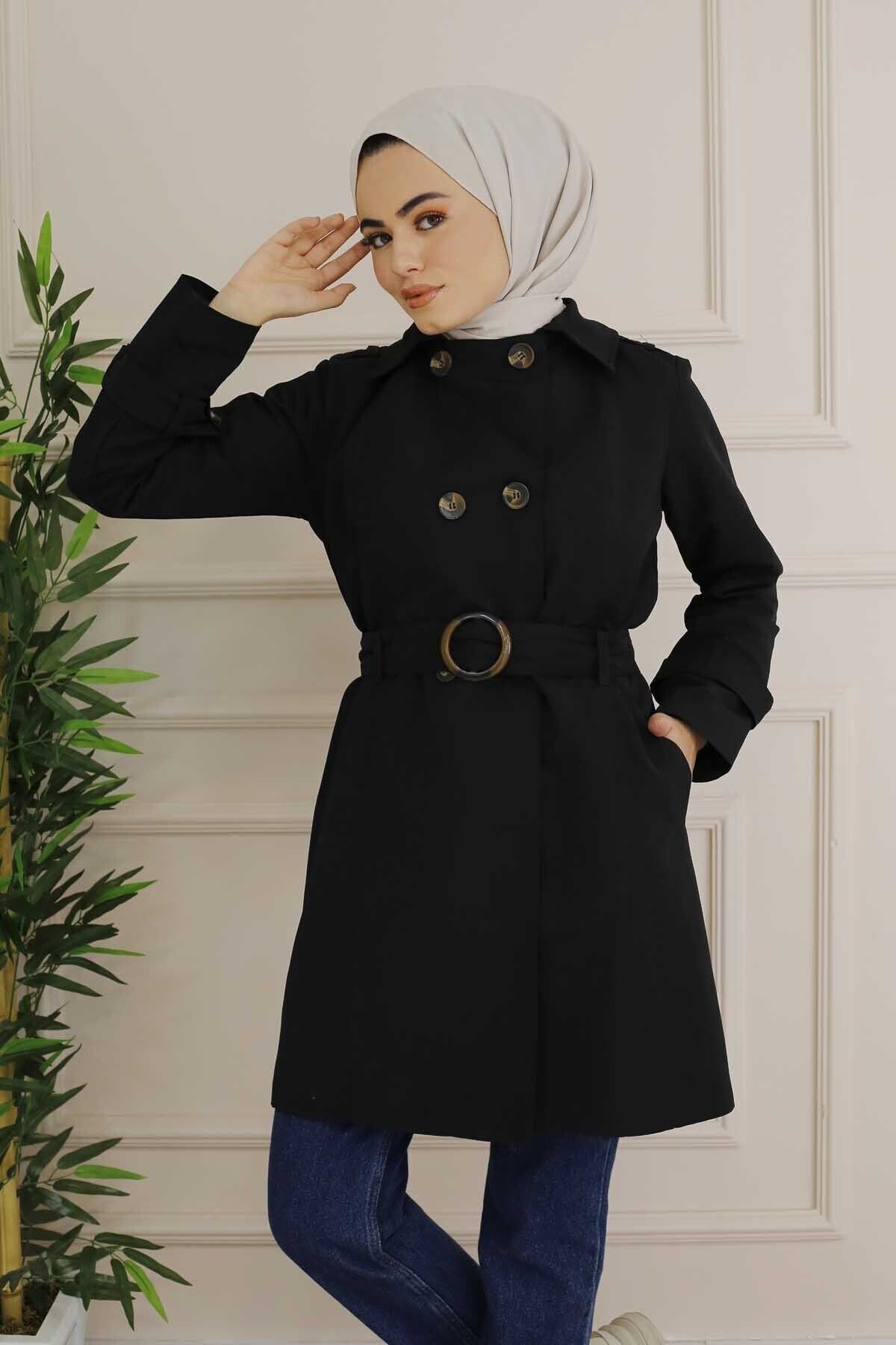 İmajButik Düğme Detaylı Kemerli Trenç/siyah
