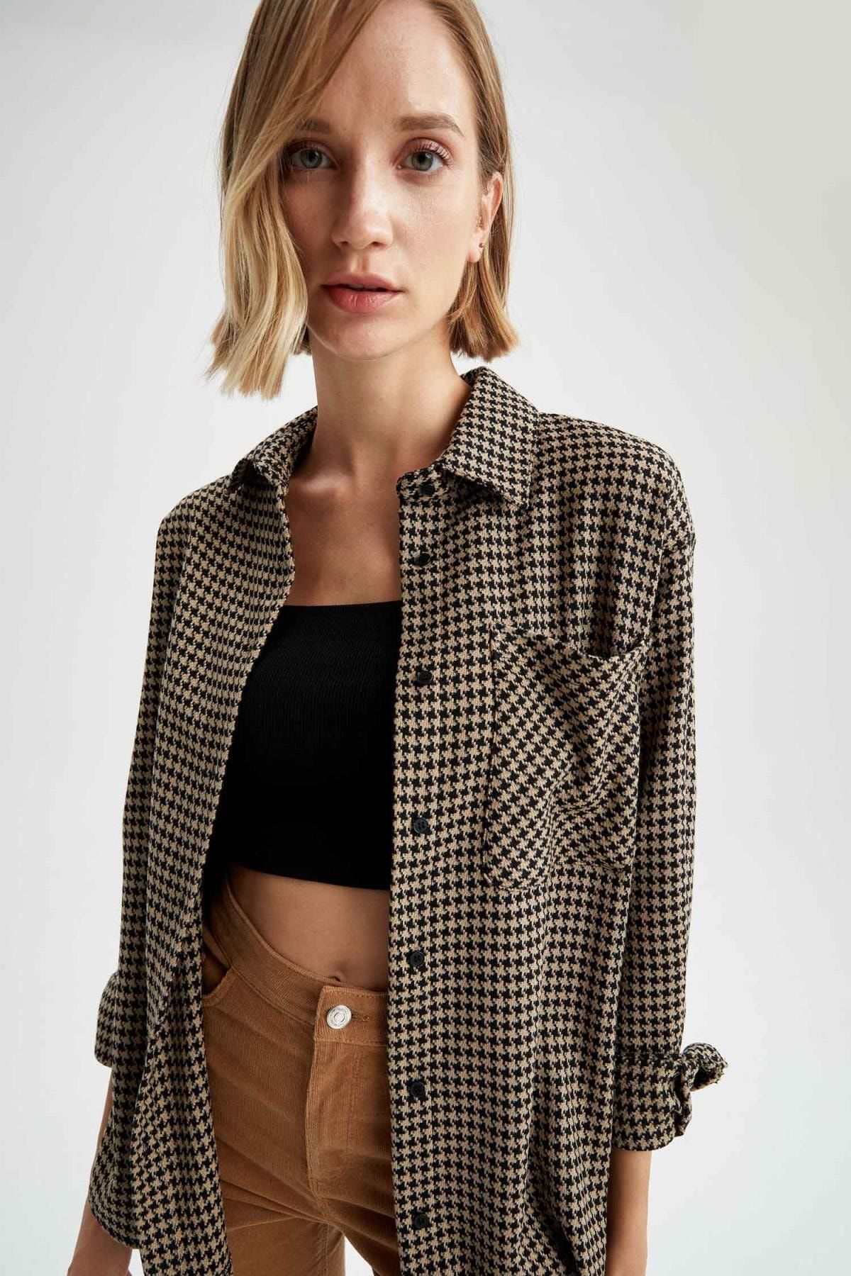 DeFacto Oversize Fit Kazayağı Desenli Uzun Kollu Flanel Gömlek Tunik