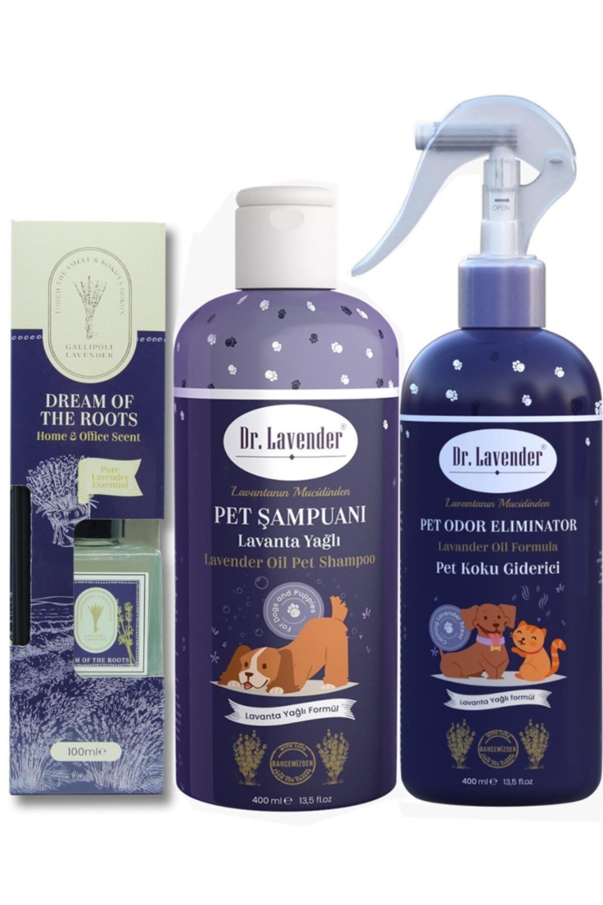 Dr. Lavender Kedi Köpek Koku Giderici Sprey 400 ml + Köpek Şampuanı 400 ml + Çubuklu Oda Kokusu 100