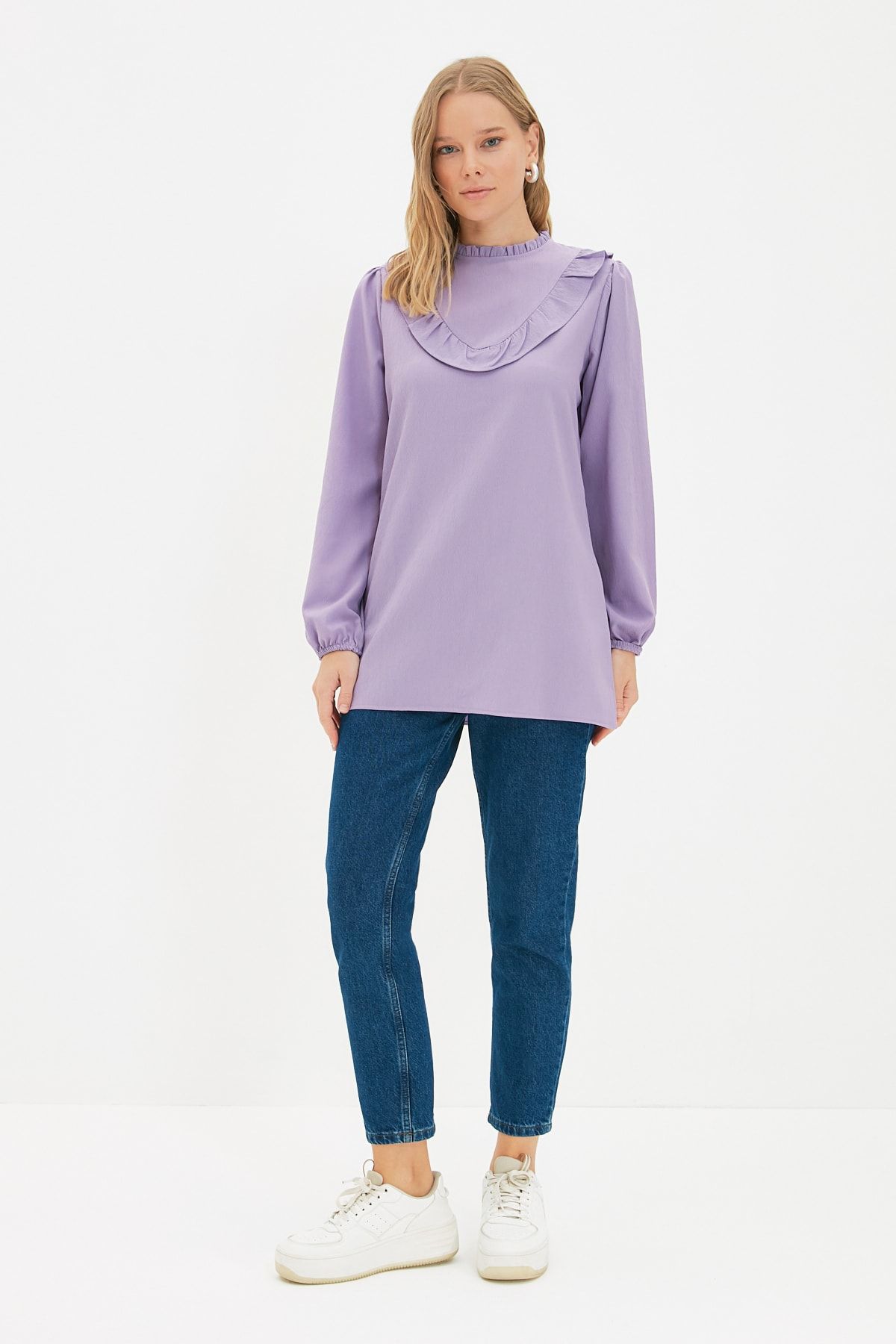 Trendyol Modest Lila Dik Yaka Fırfır Detaylı Tunik TCTAW22UK0224