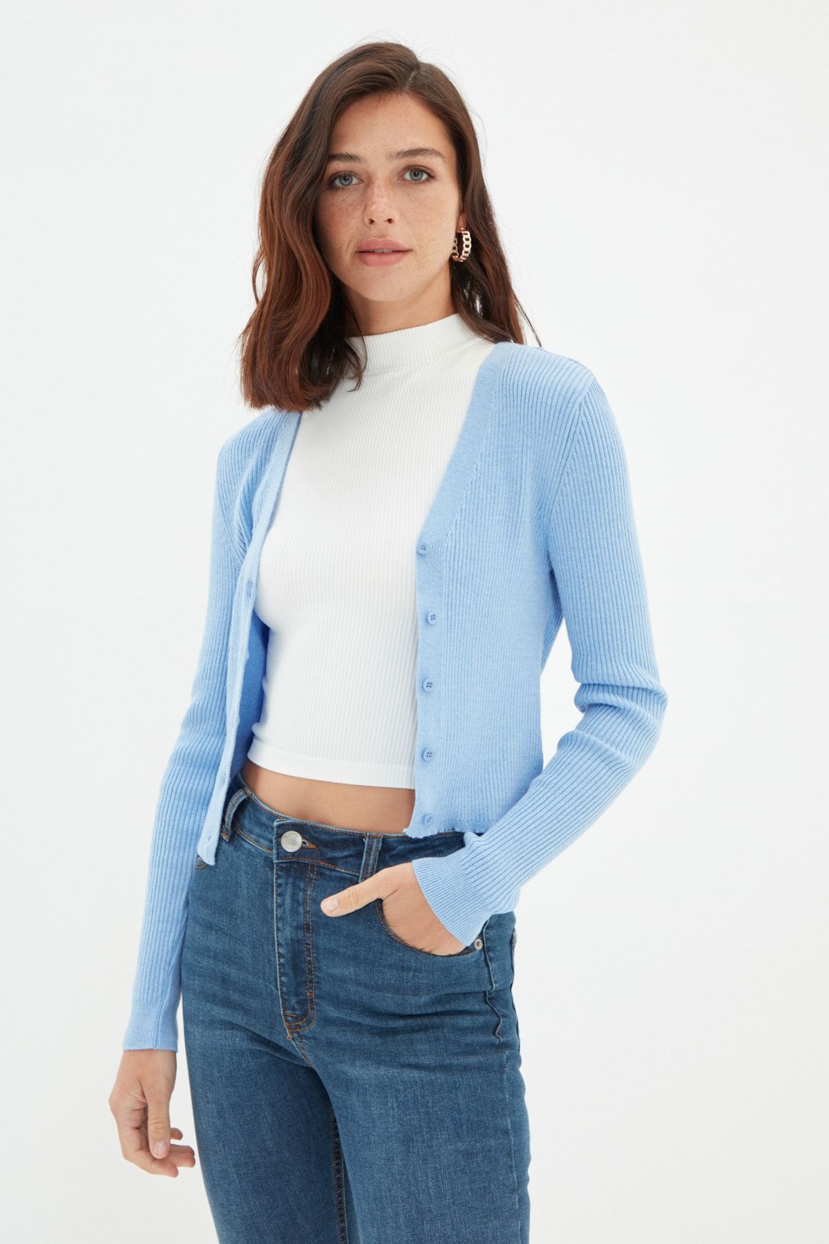 TRENDYOLMİLLA Mavi Fitilli Triko Hırka TWOAW22HI0794