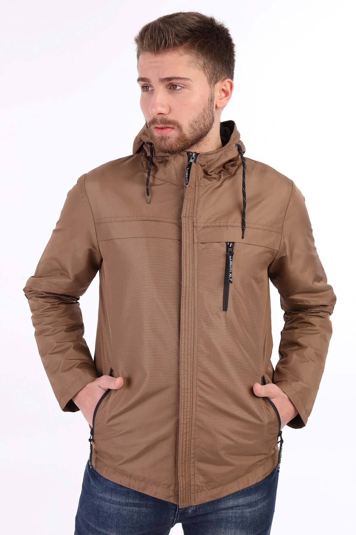 Fk class Erkek Kahverengi Kapüşonlu Su Geçirmez Yağmurluk