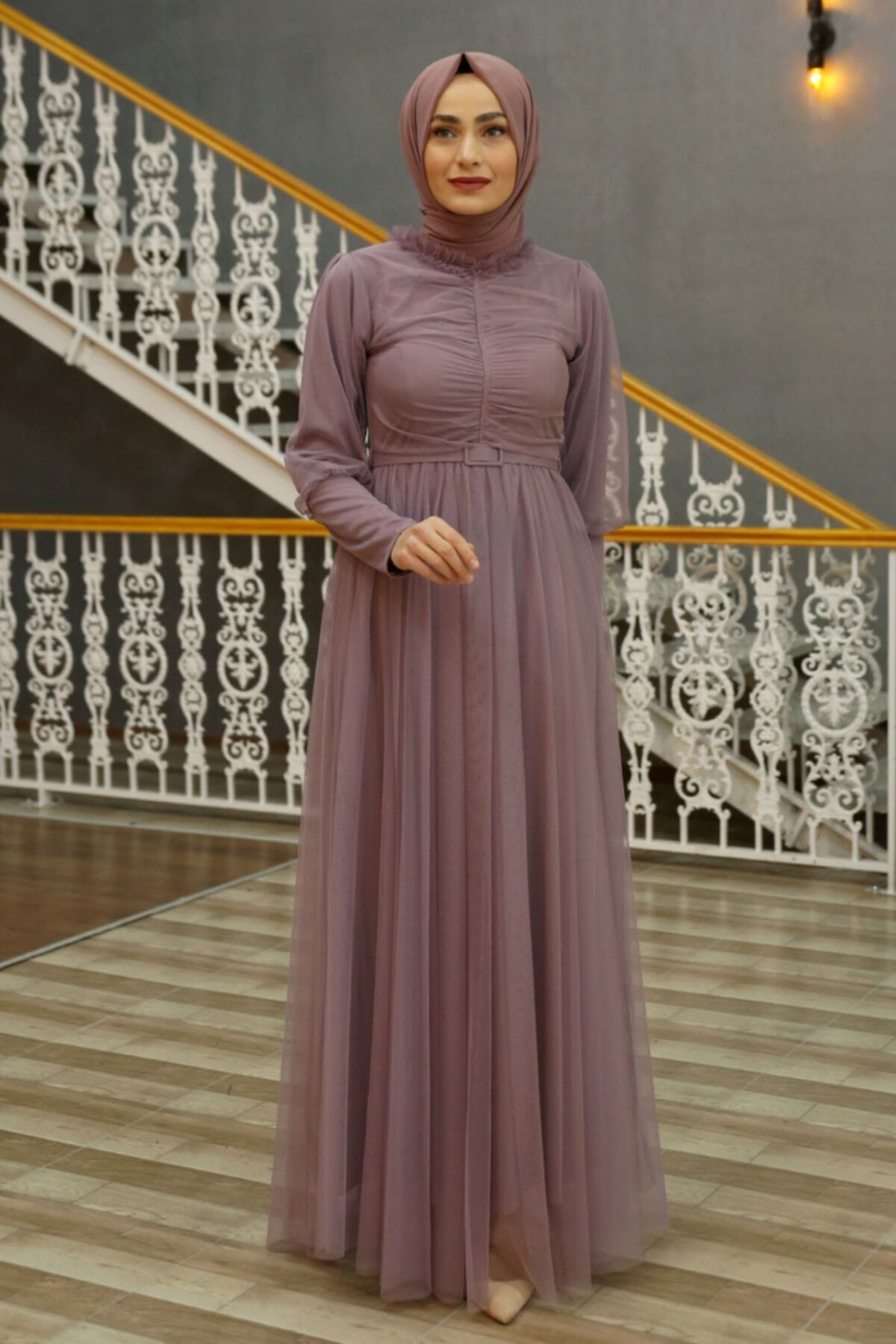 Feiza Collection Tüllü Tesettür Abiye Elbise - Lila