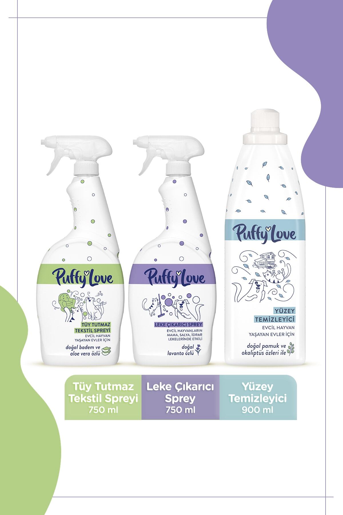 PUFFY LOVE Tüy Tutmaz Tekstil Spreyi 750ml + Leke Çıkarıcı Sprey 750ml + Yüzey Temizleyici 900ml