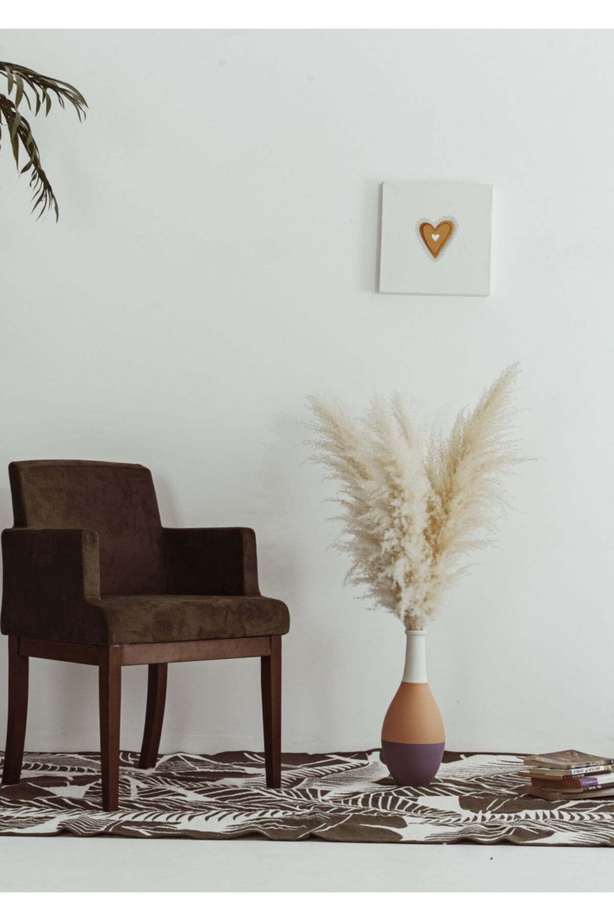 F&F HOME Krem Seramik Vazo Ve 4 Adet Pamuklu Pampas