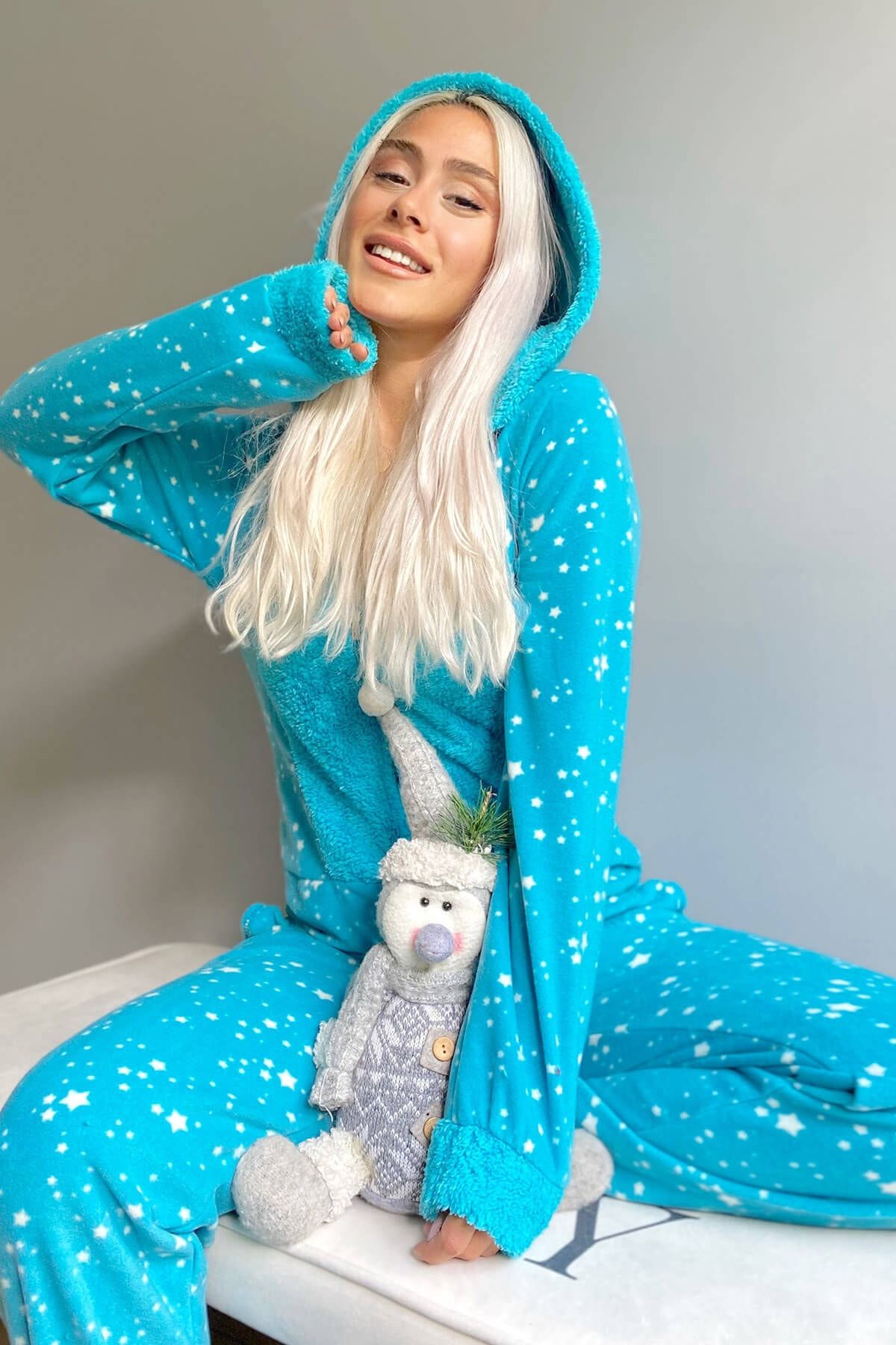 Pijamaevi Mavi Mini Yıldız Desenli Kadın Polar Peluş Tulum Pijama