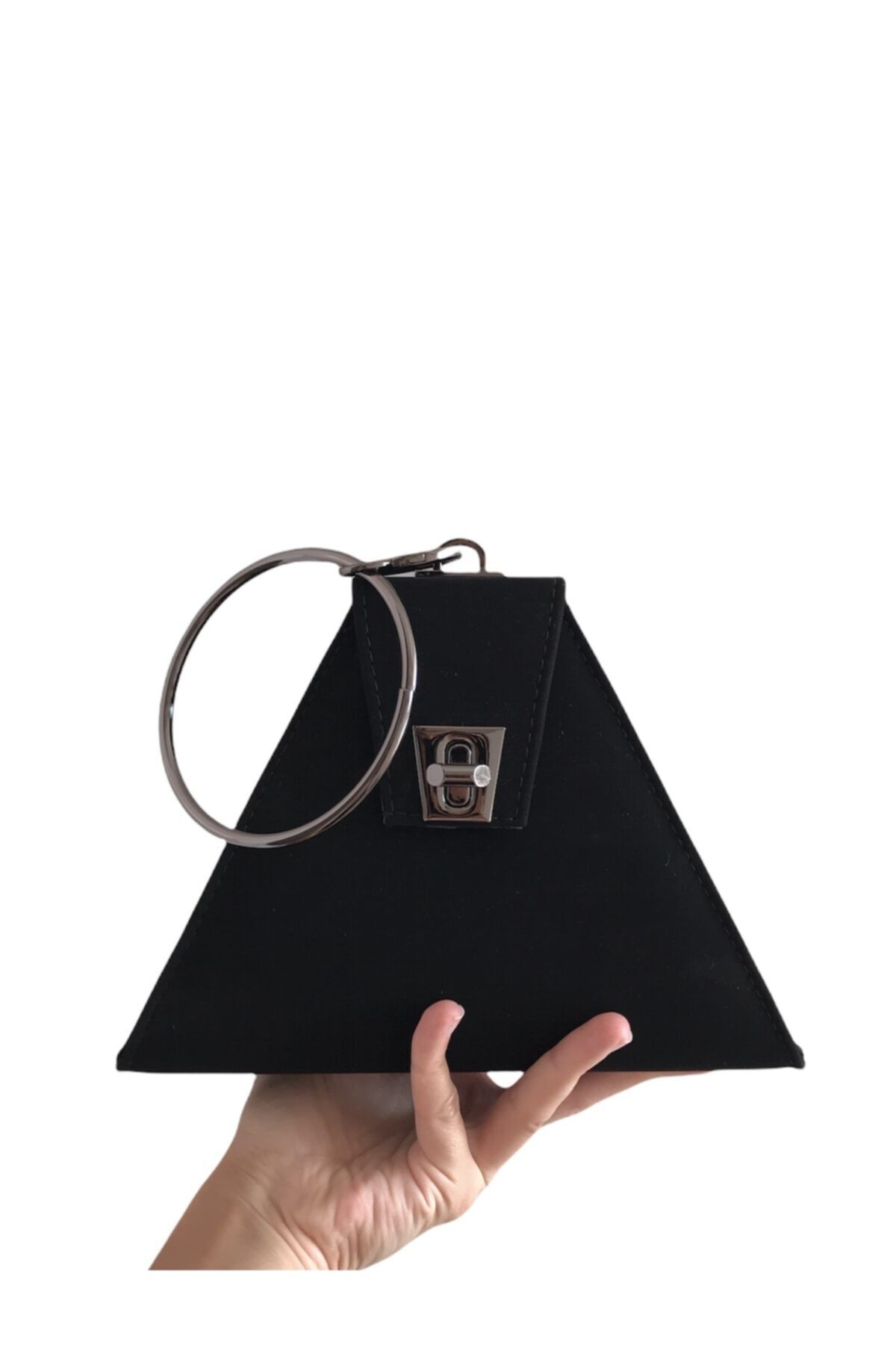 Abiye Butik Çanta Triangle New Siyah Süet Platin Aksesuarlı Abiye Çanta