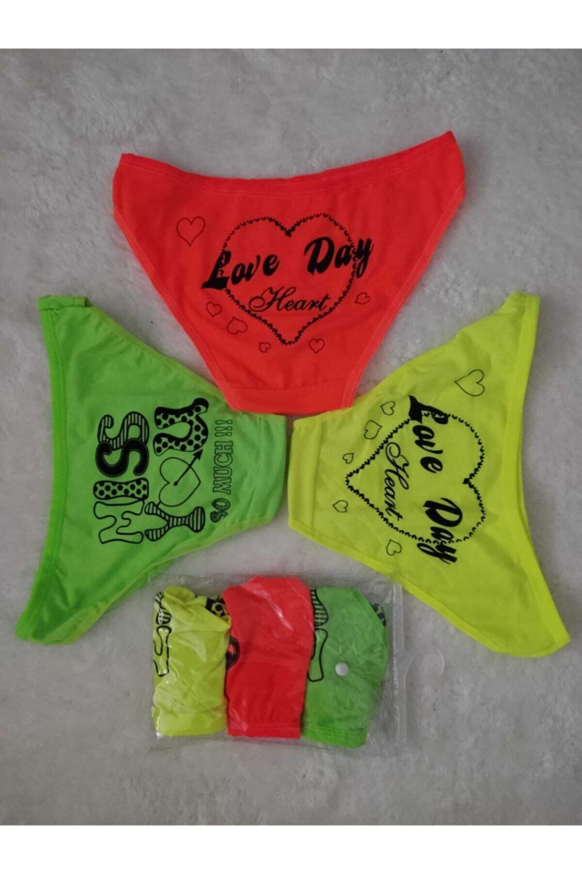 Blue Fashıon Kadın 3lü Slip Standart Beden Neon Renklerde Yazı Baskılı Külot