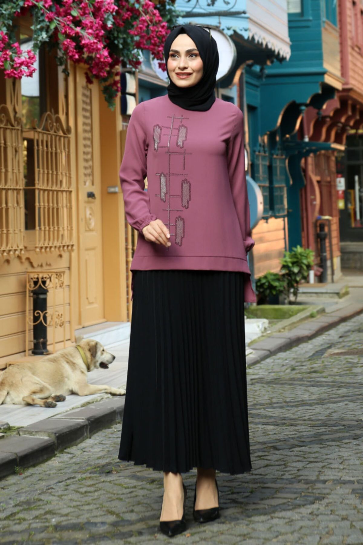 Feiza Collection Pul Detaylı Etekli İkili Tesettür Takım Gül Kurusu