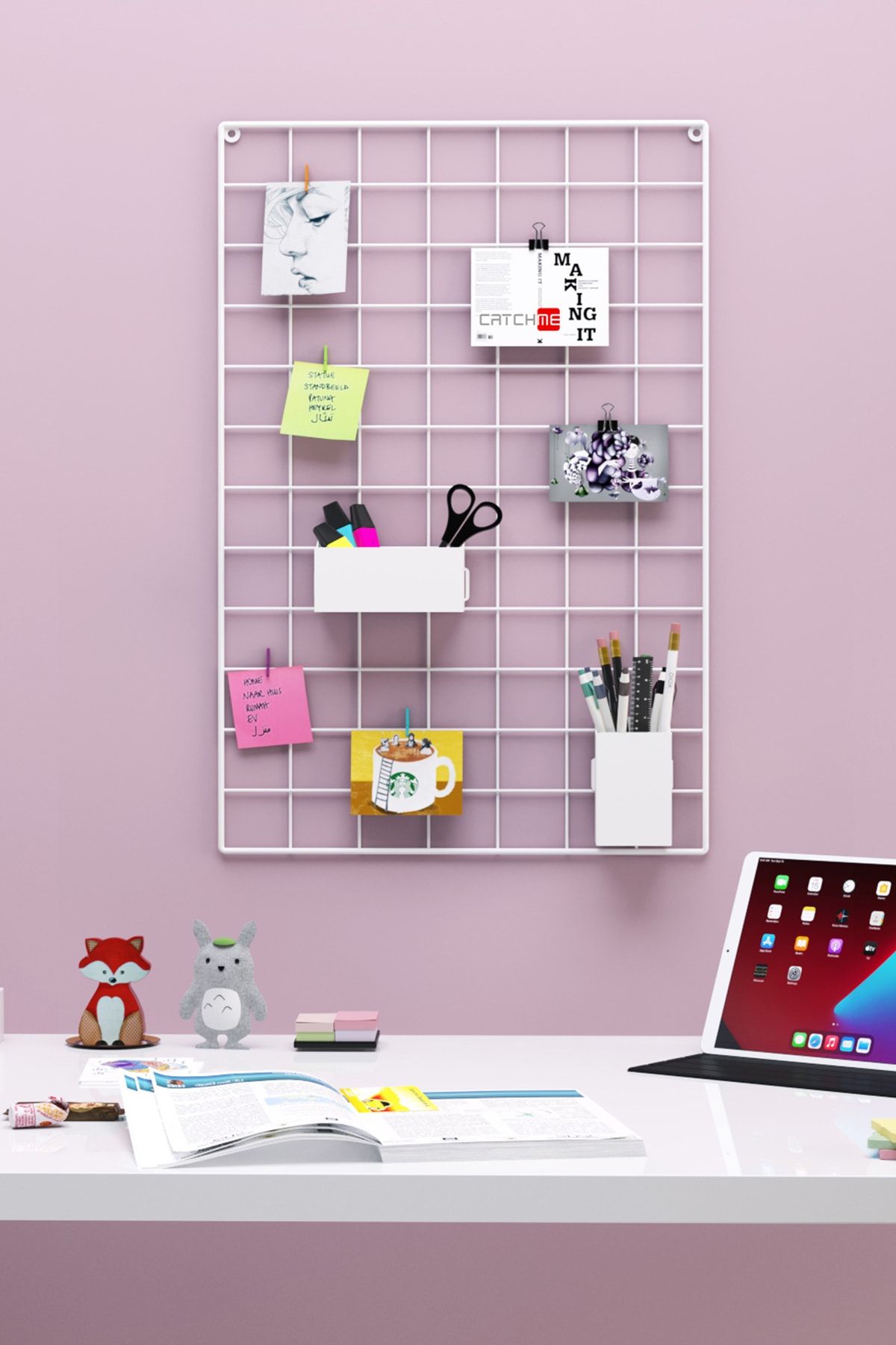 Roomie Home 40x60 Metal Fotoğraf Askısı Tel Pano Beyaz 4 Adet Mini Mandal 2 Adet Kıskaç