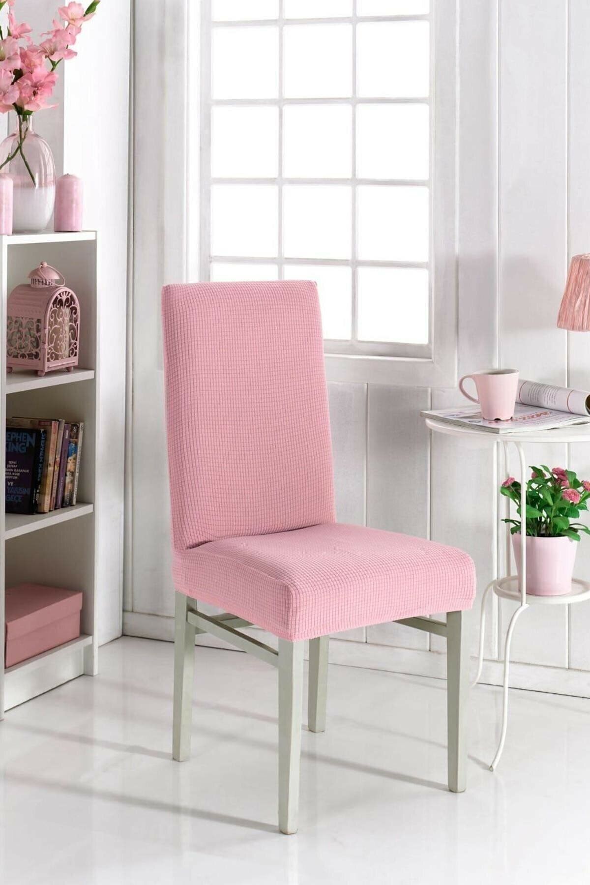 uzhanem 1adet Likrali Sandalye Kılıfı, Sandalye Örtüsü Pudra Pembe Renk Yıkanabilir Piti Kare Desen