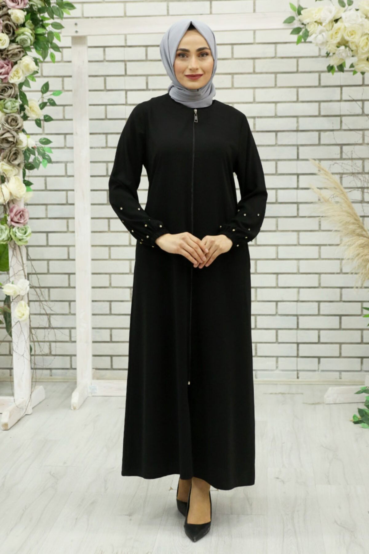 Feiza Collection Kolları Taşlı Tesettür Ferace - Siyah