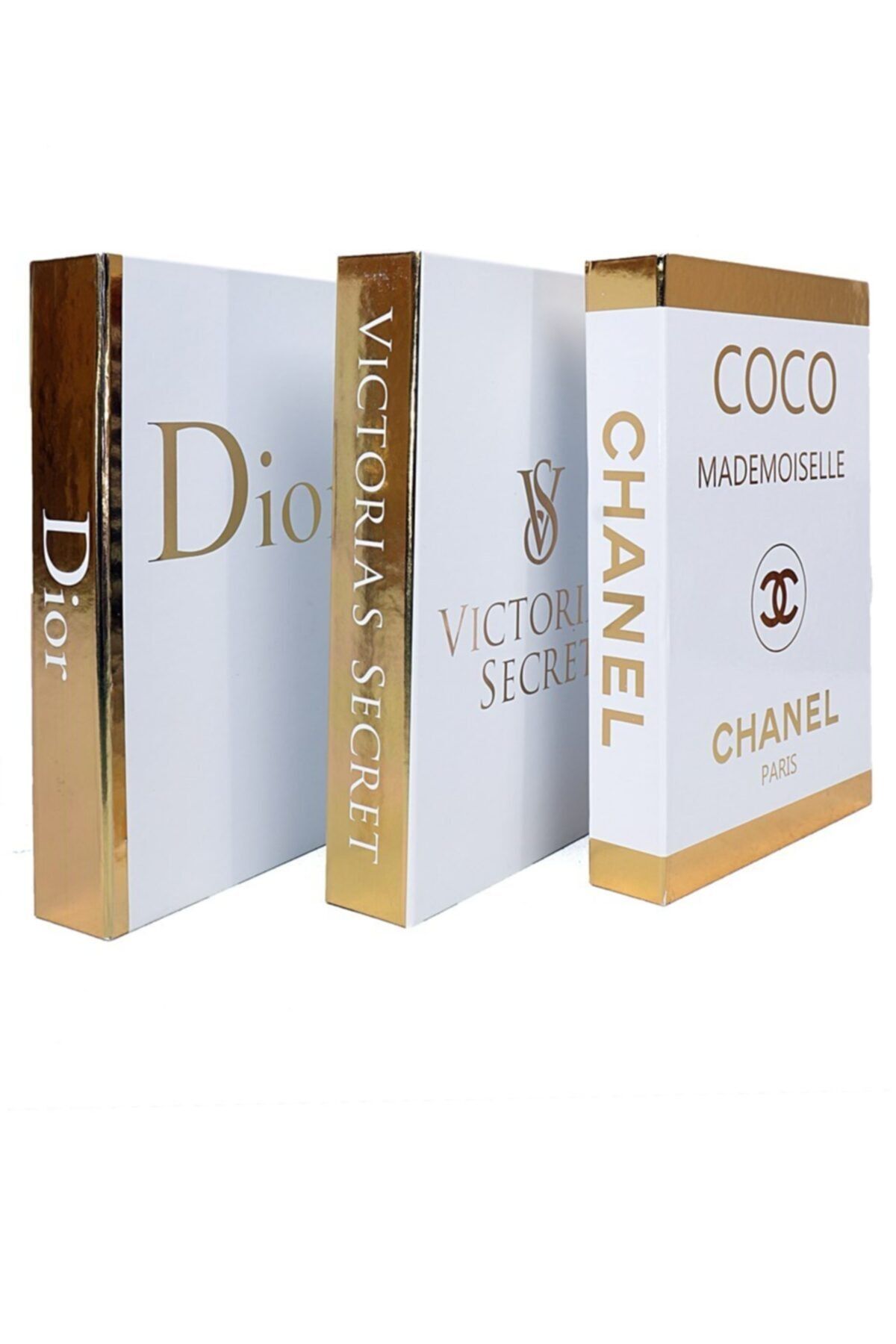 notiyatro Dior Chanel Ve Victoria's Secret Beyaz Gold Yaldızlı 3'lü Dekoratif Kitap Kutusu Set