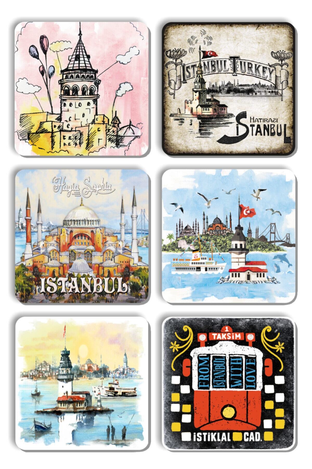 Mia Pera 6'lı Takım Kare Istanbul Bardak Altlıkları Taksim Tramvay Ayasofya Galata (10 X10 Cm)