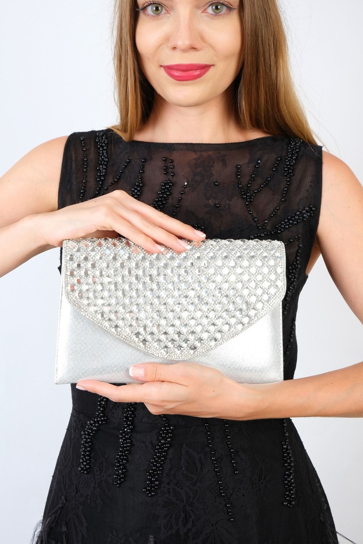 NAZART Kadın Karetaşlı Gümüş Zincirli Abiye Bayan Clutch Portföy Gece Çantası