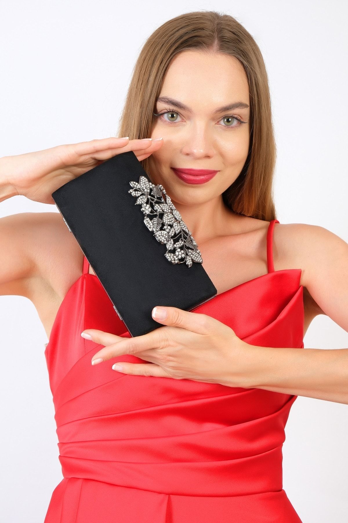 NAZART Kadın Süet Siyah Nubuk Zincirli Abiye Bayan Clutch Portföy Gece Çantası