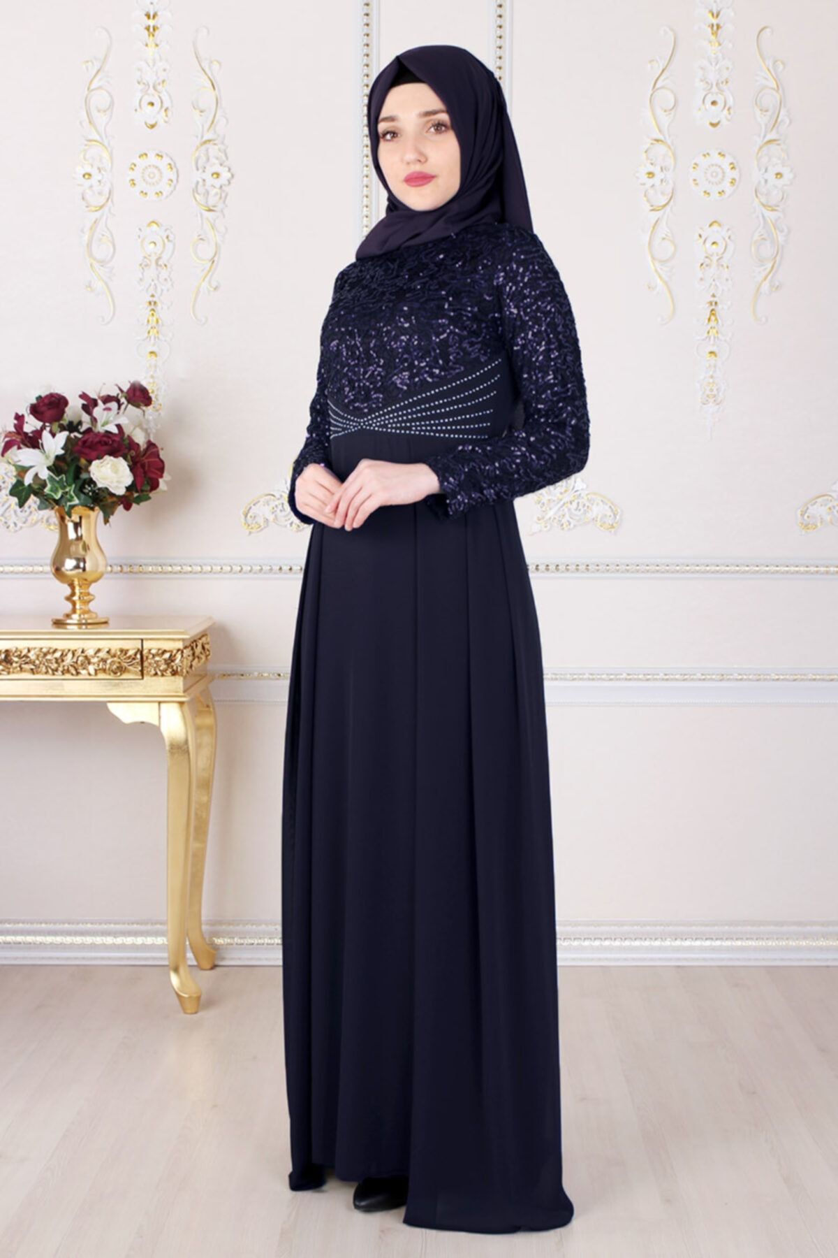 Feiza Collection Taş Işleme Kemerli Payet Detaylı Tesettür Abiye Elbise - Lacivert