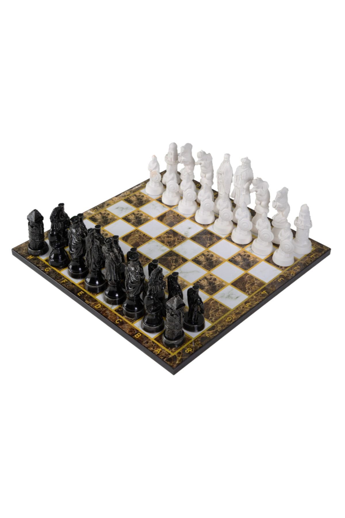 elife shop Lüks Lüle Taşı Satranç Takımı Osmanlı Vs. Bizans Savaşları Siyah Set & Kehribar Mermer Desenli Tahta