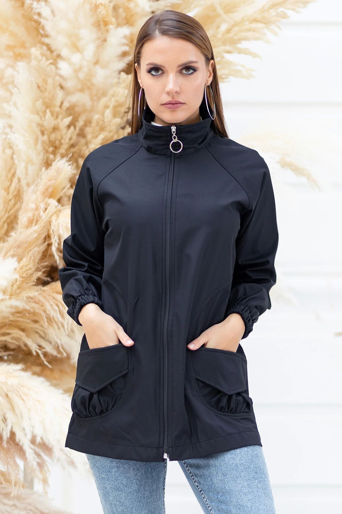 DParis Kadın Siyah Fermuarlı Cepli Trench