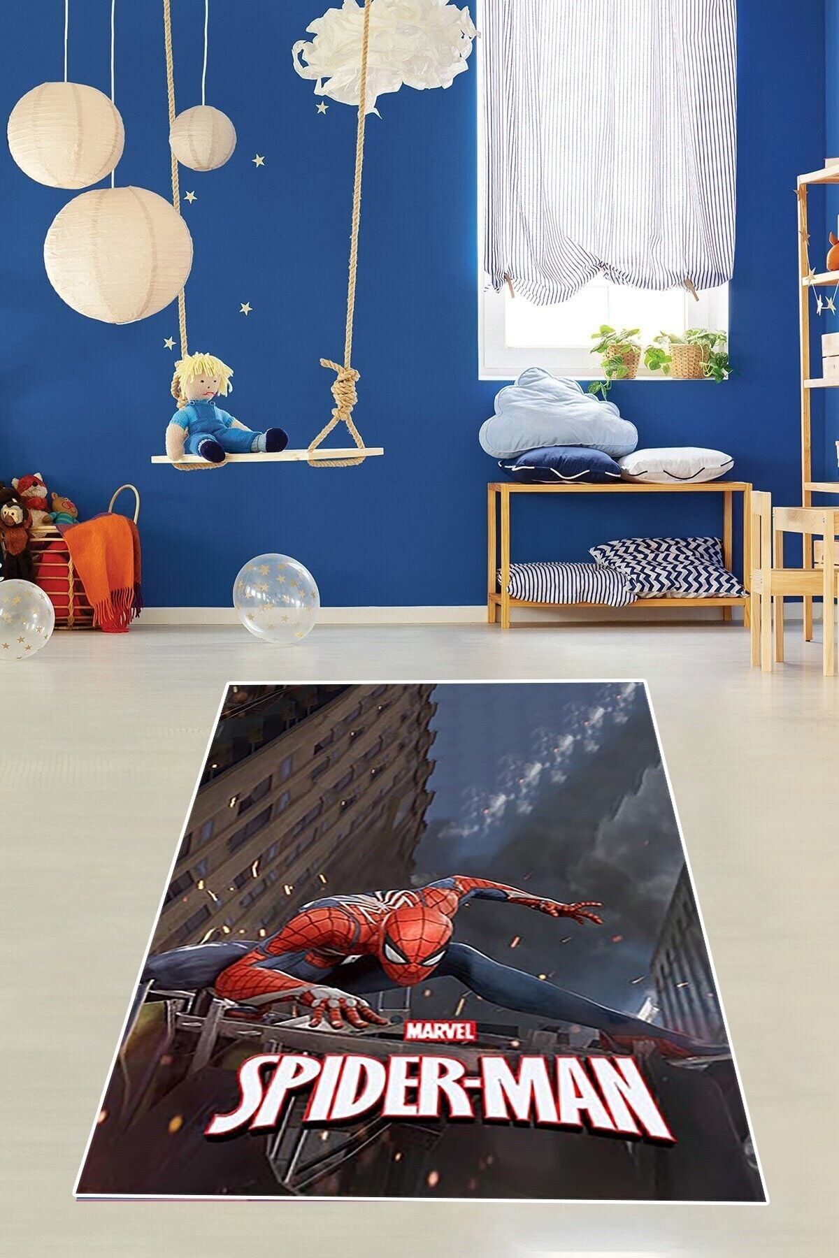 on the clouds Örümcek Adam Spider Man Desenli Dijital Baskı Yıkanabilir Kaymaz Taban Çocuk Genç Odası Halısı