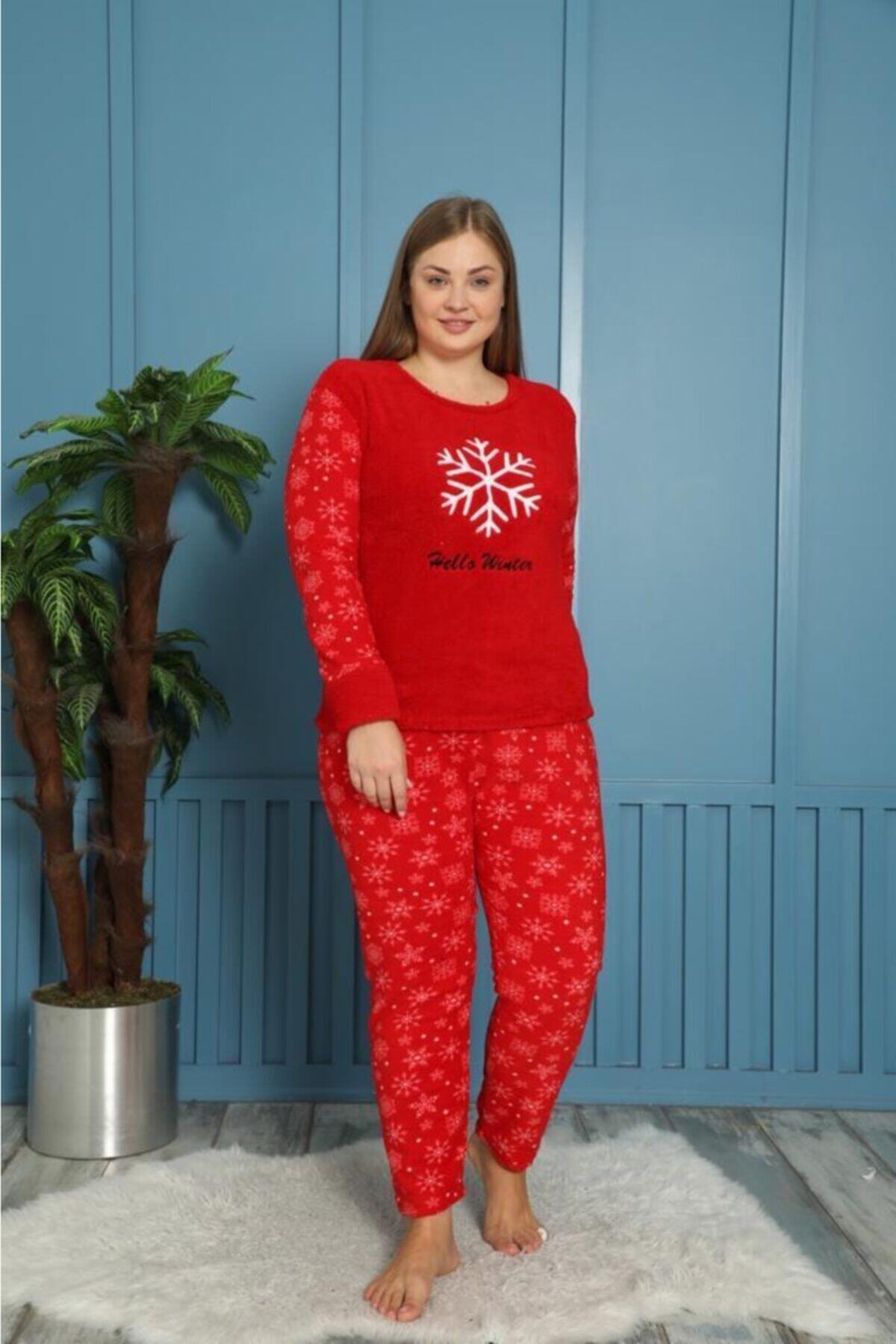 Temporium Kadın Kırmızı Büyük Beden Kar Tanesi Nakışlı Desenli Uzun Kollu Polar Peluş Pijama Takımı