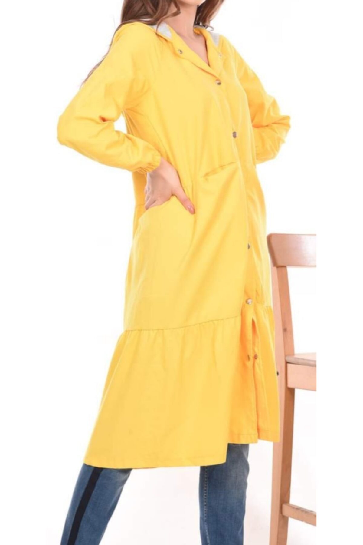 HemaZen Sarı Kapüşonlu Uzun Yağmurluk