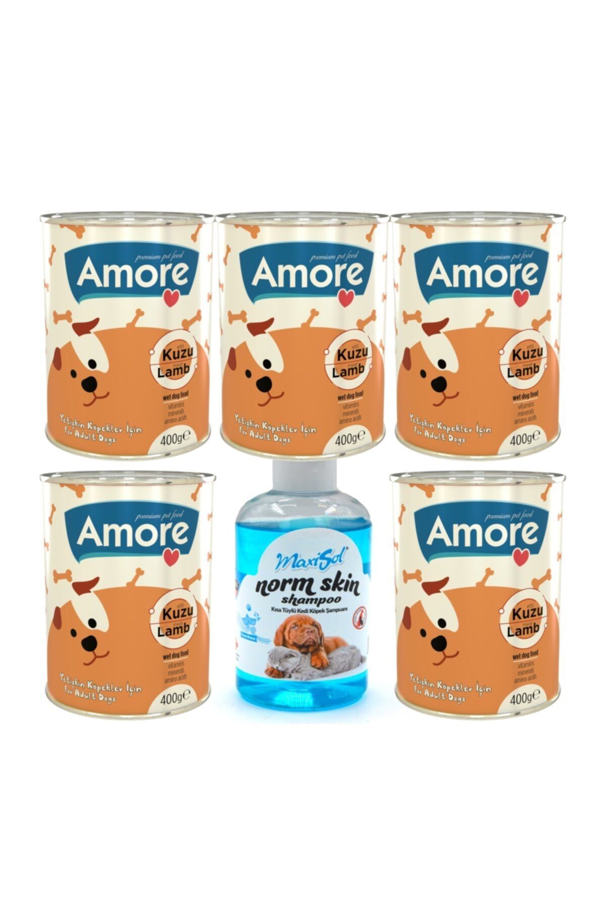 AMORE Kuzu Parça Etli Köpek Konserve Chunks 5x400gr + Kısa Tüylü Köpek Şampuanı 200ml