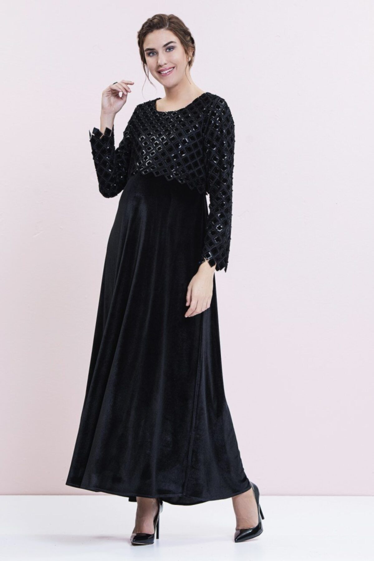 Even Fashion Hamile Giyim Kadın Siyah Kadife Uzun Abiye Hamile Elbise
