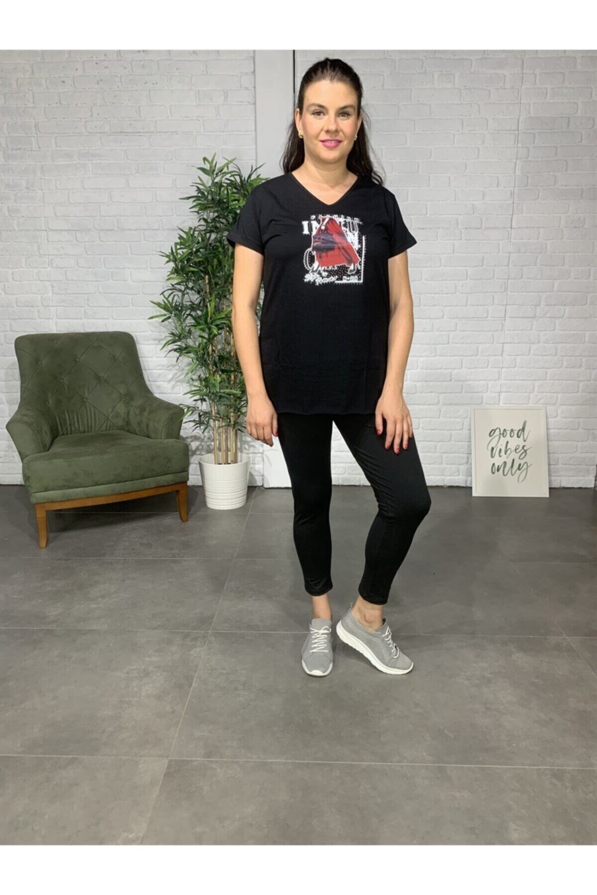 Roxxlen Kadın Siyah Büyük Beden Baskılı T-shirt - 4409